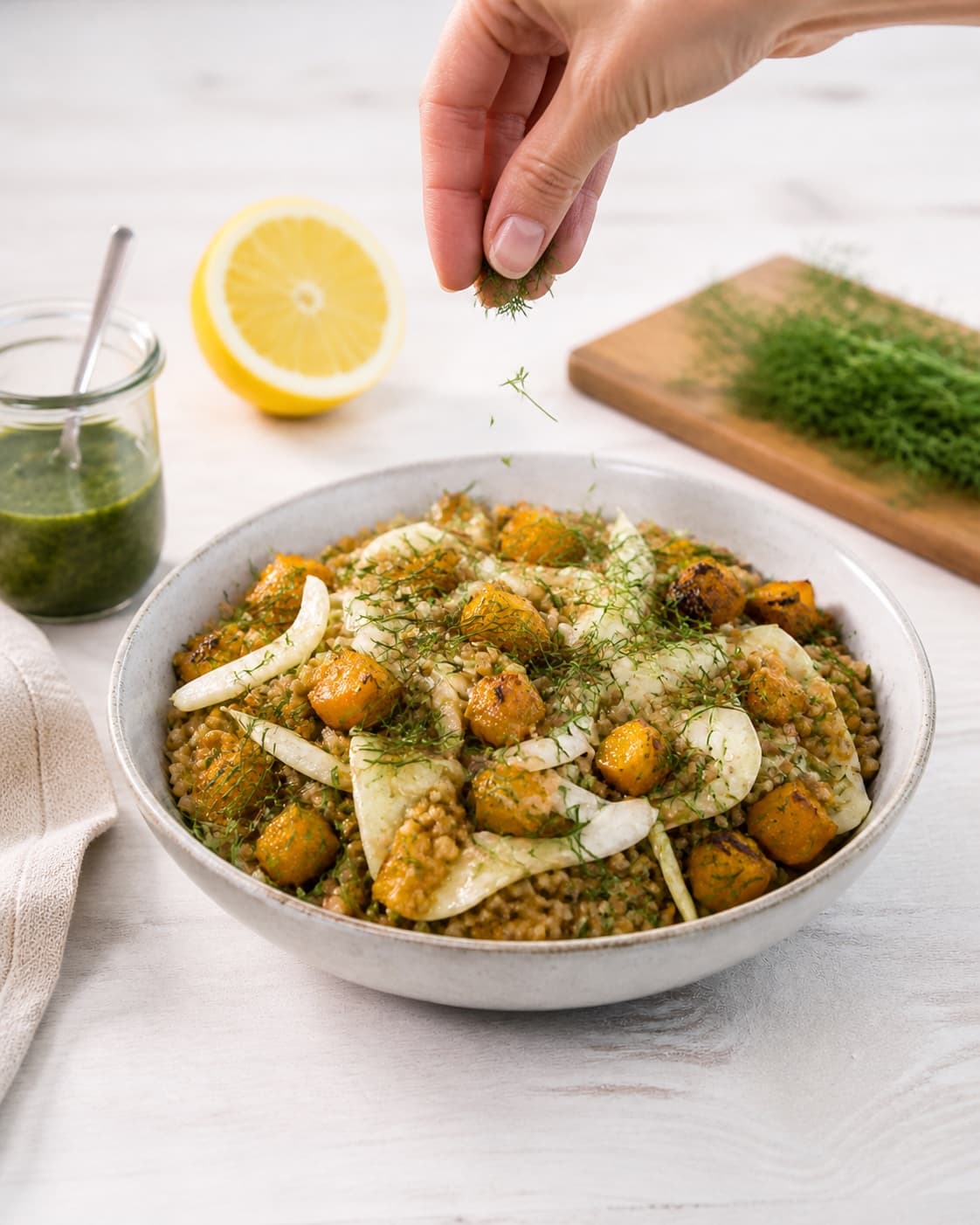 Fresh finished hvedekernesalat med græskar og urteolie receiving its final garnish under tilberedningen af hvedekernesalat med græskar og urteolie