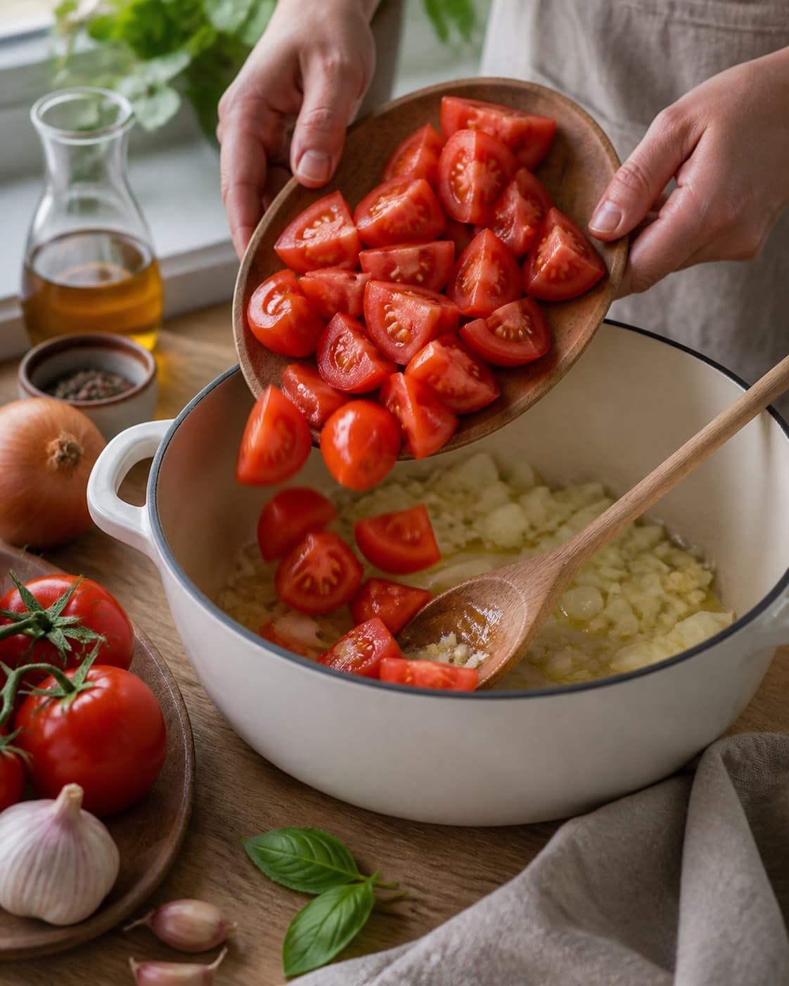 Mise en place for tomatsuppe – klassisk og cremet with modne tomater, zittauerløg, hvidløg, grøntsags- eller kødfond under tilberedningen af tomatsuppe – klassisk og cremet