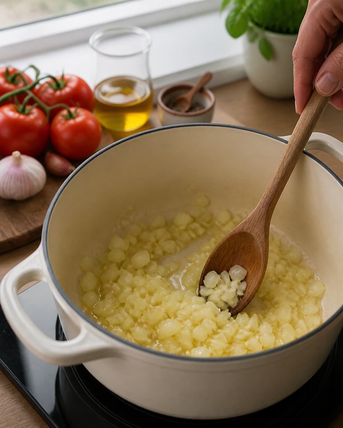 Aromatic base for tomatsuppe – klassisk og cremet gently cooking in a pot under tilberedningen af tomatsuppe – klassisk og cremet