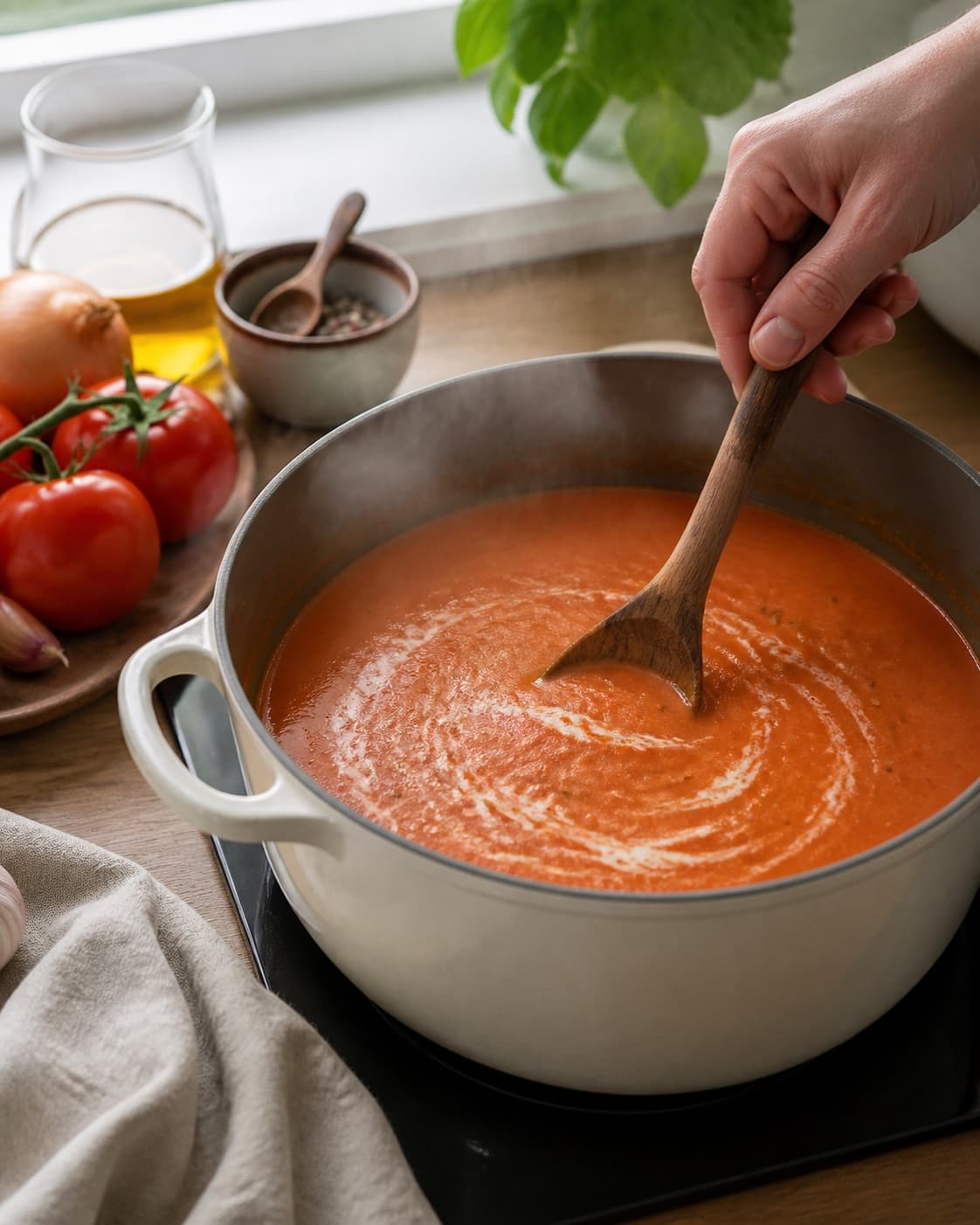 tomatsuppe – klassisk og cremet gently simmering with visible ingredients under tilberedningen af tomatsuppe – klassisk og cremet