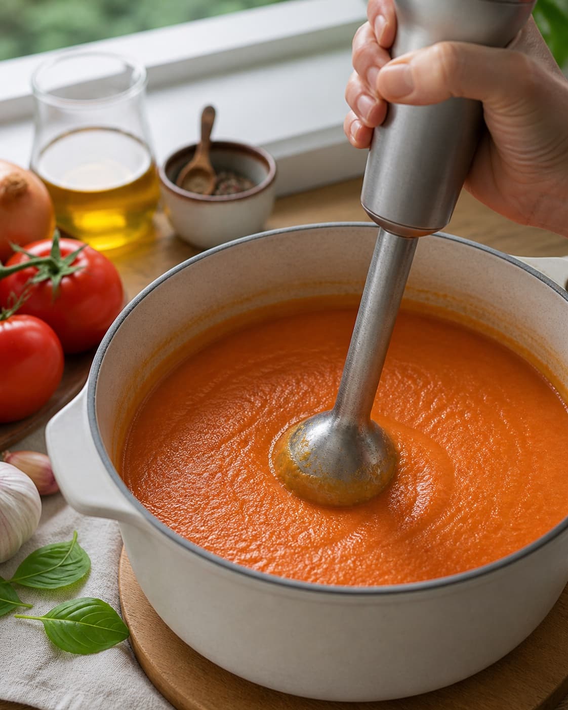 The texture of tomatsuppe – klassisk og cremet being adjusted in the pot under tilberedningen af tomatsuppe – klassisk og cremet