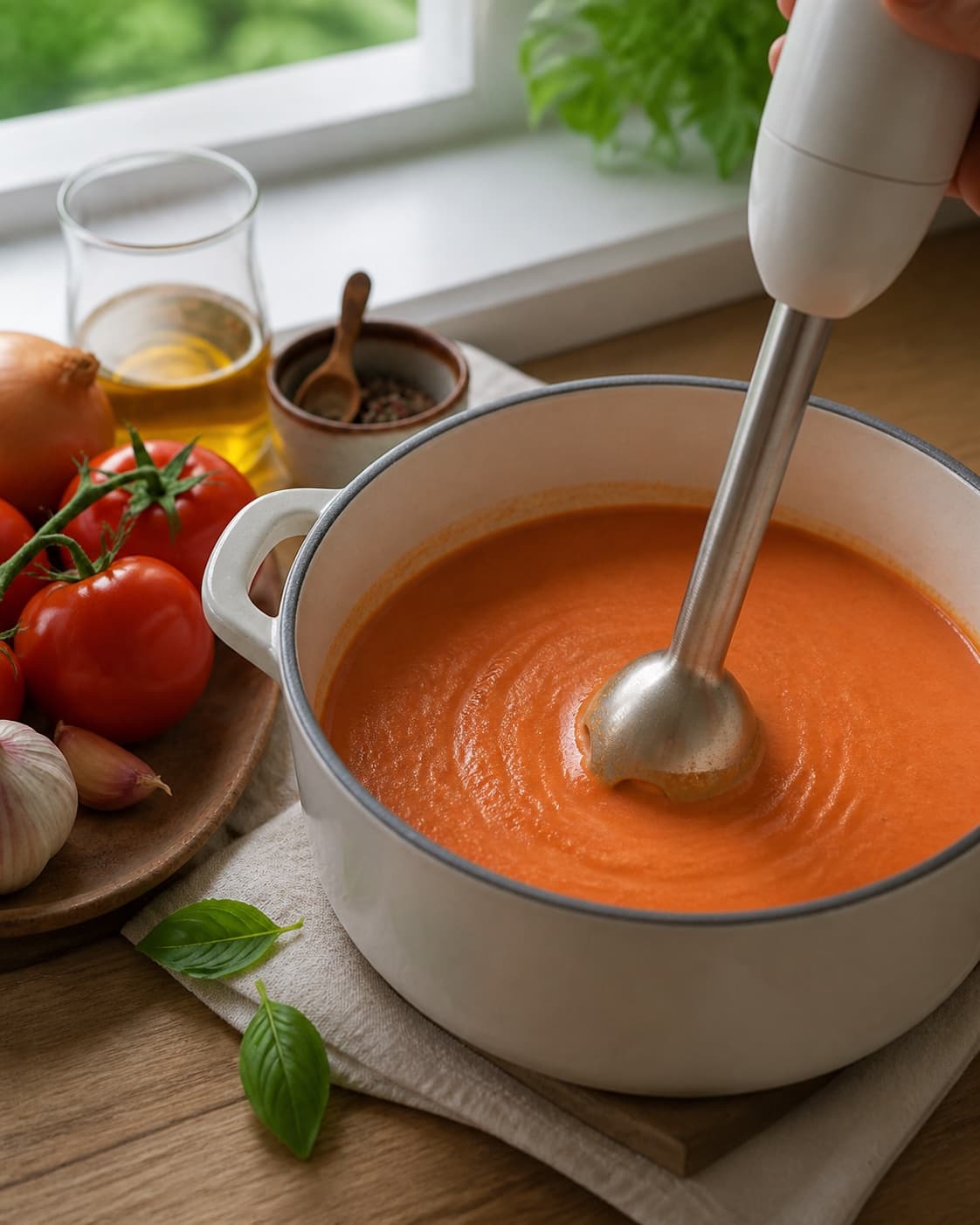 Finished tomatsuppe – klassisk og cremet being served with a fresh restrained garnish under tilberedningen af tomatsuppe – klassisk og cremet