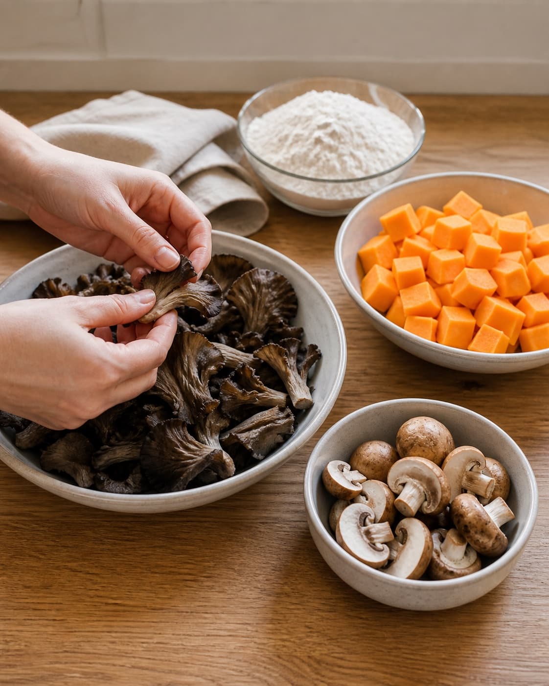 Measured ingredients for tærte med græskar og trompetsvampe arranged separately with trompetsvampe, brune champignoner, butternut squash, hvedemel under tilberedningen af tærte med græskar og trompetsvampe