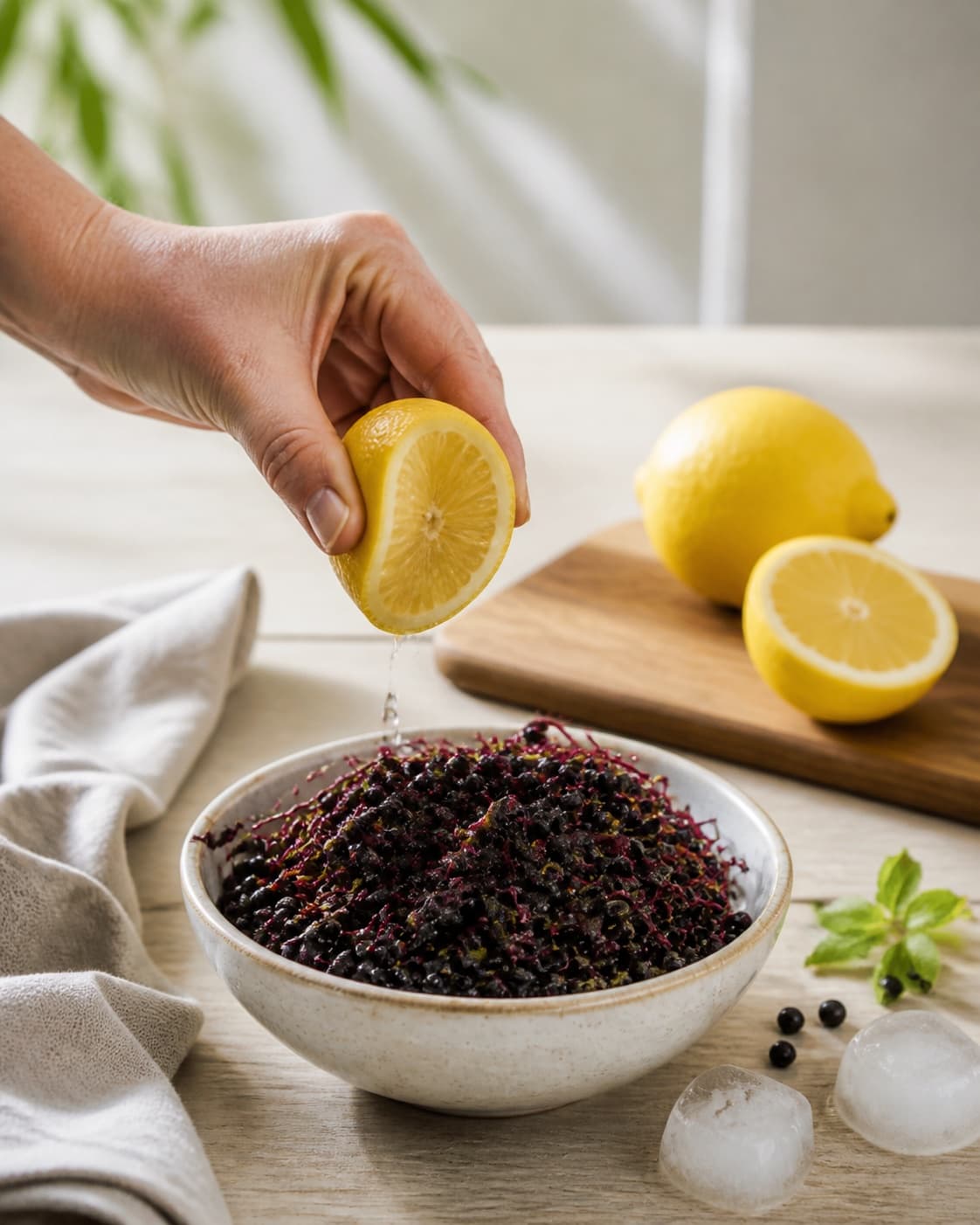 Fresh flavour ingredients for hyldebærsaft til varme og kolde måneder prepared with hyldebær, koldt vand eller is, isterninger, økologisk citron under tilberedningen af hyldebærsaft til varme og kolde måneder