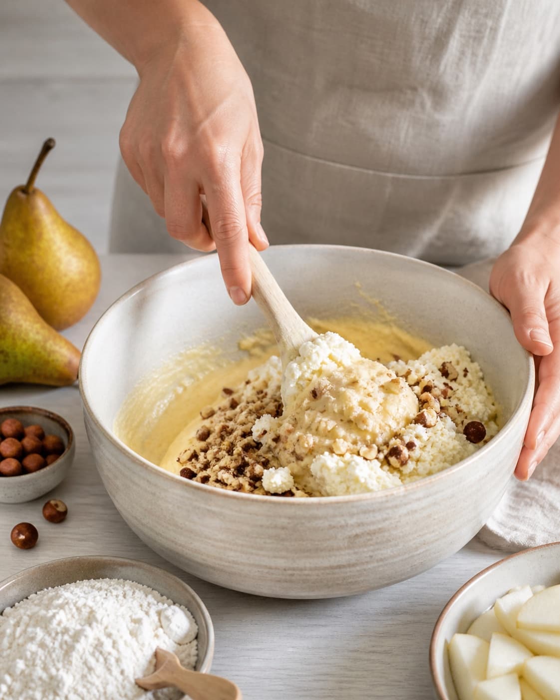 The batter or dough for pærekage med ricotta og hasselnødder being gently combined under tilberedningen af pærekage med ricotta og hasselnødder