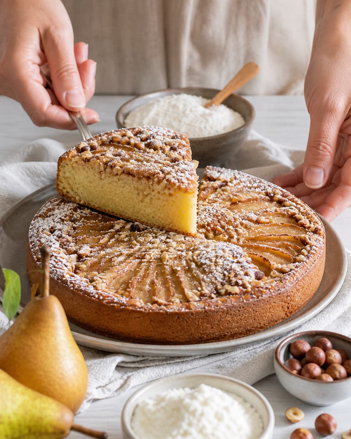pærekage med ricotta og hasselnødder baking until golden with a visibly set centre under tilberedningen af pærekage med ricotta og hasselnødder