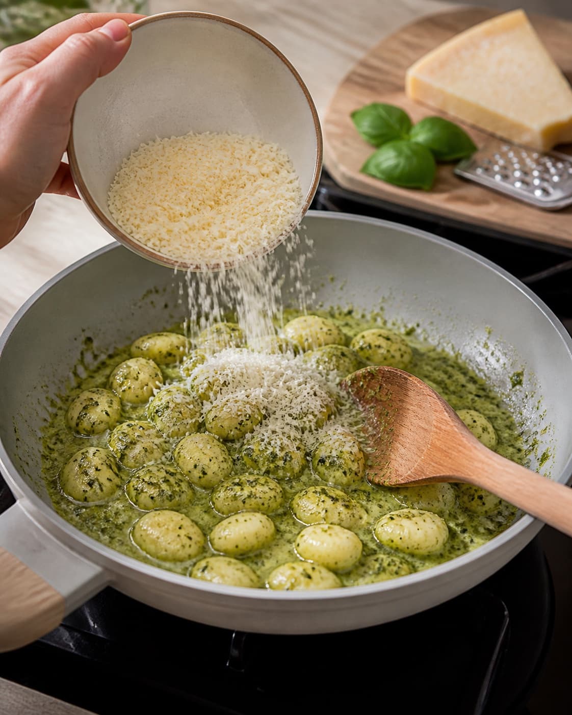 Sauce base for gnocchi med pesto og parmesan cooking gently with kartoffelgnocchi, basilikumpesto, parmesan, tørret pasta under tilberedningen af gnocchi med pesto og parmesan