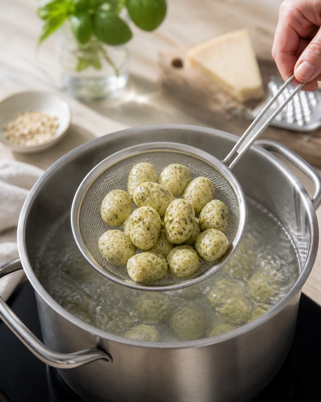 Pasta for gnocchi med pesto og parmesan being lifted from boiling water under tilberedningen af gnocchi med pesto og parmesan