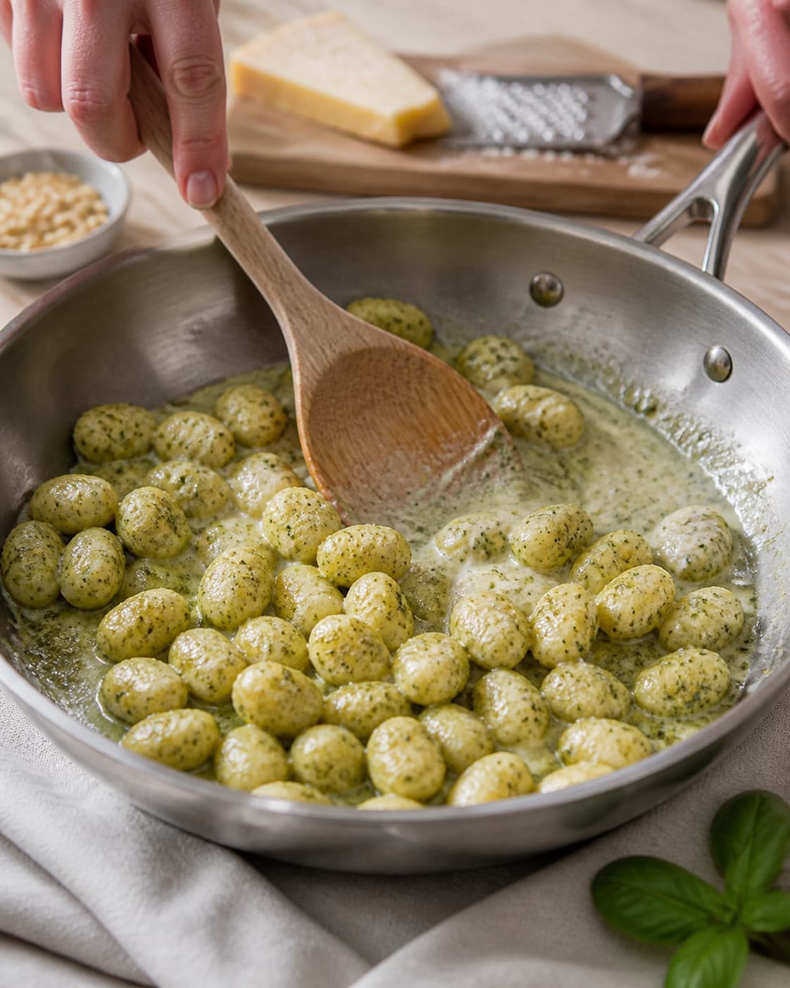 gnocchi med pesto og parmesan being emulsified in a broad pan under tilberedningen af gnocchi med pesto og parmesan