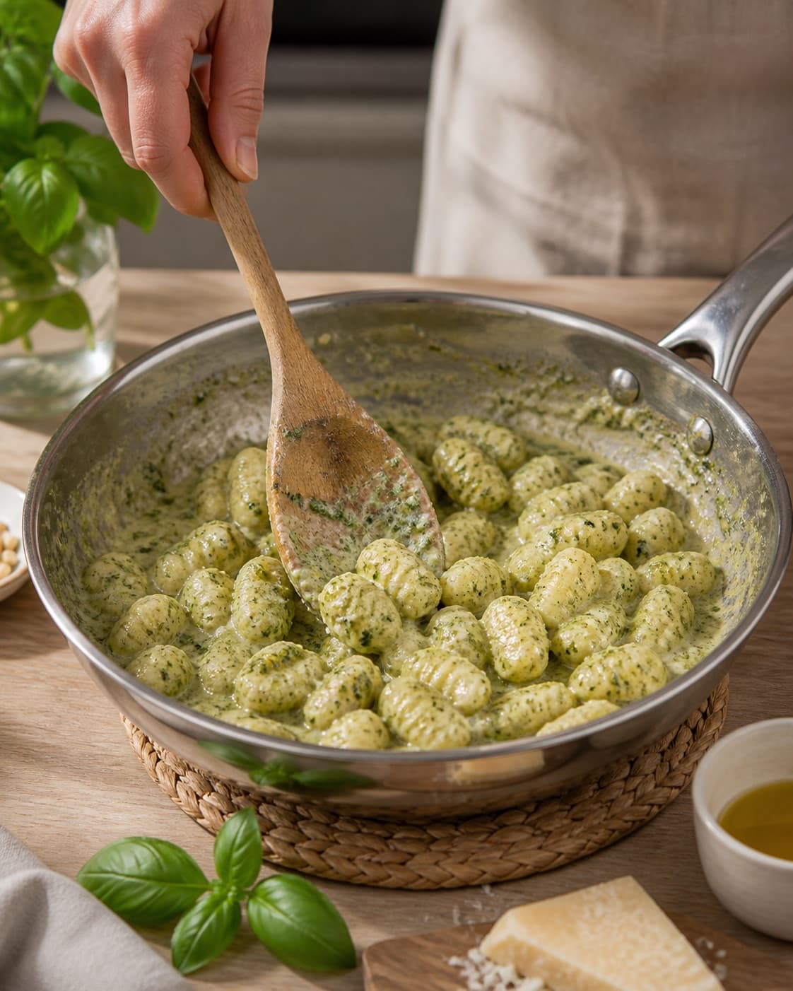 Creamy texture of gnocchi med pesto og parmesan being adjusted off the heat under tilberedningen af gnocchi med pesto og parmesan