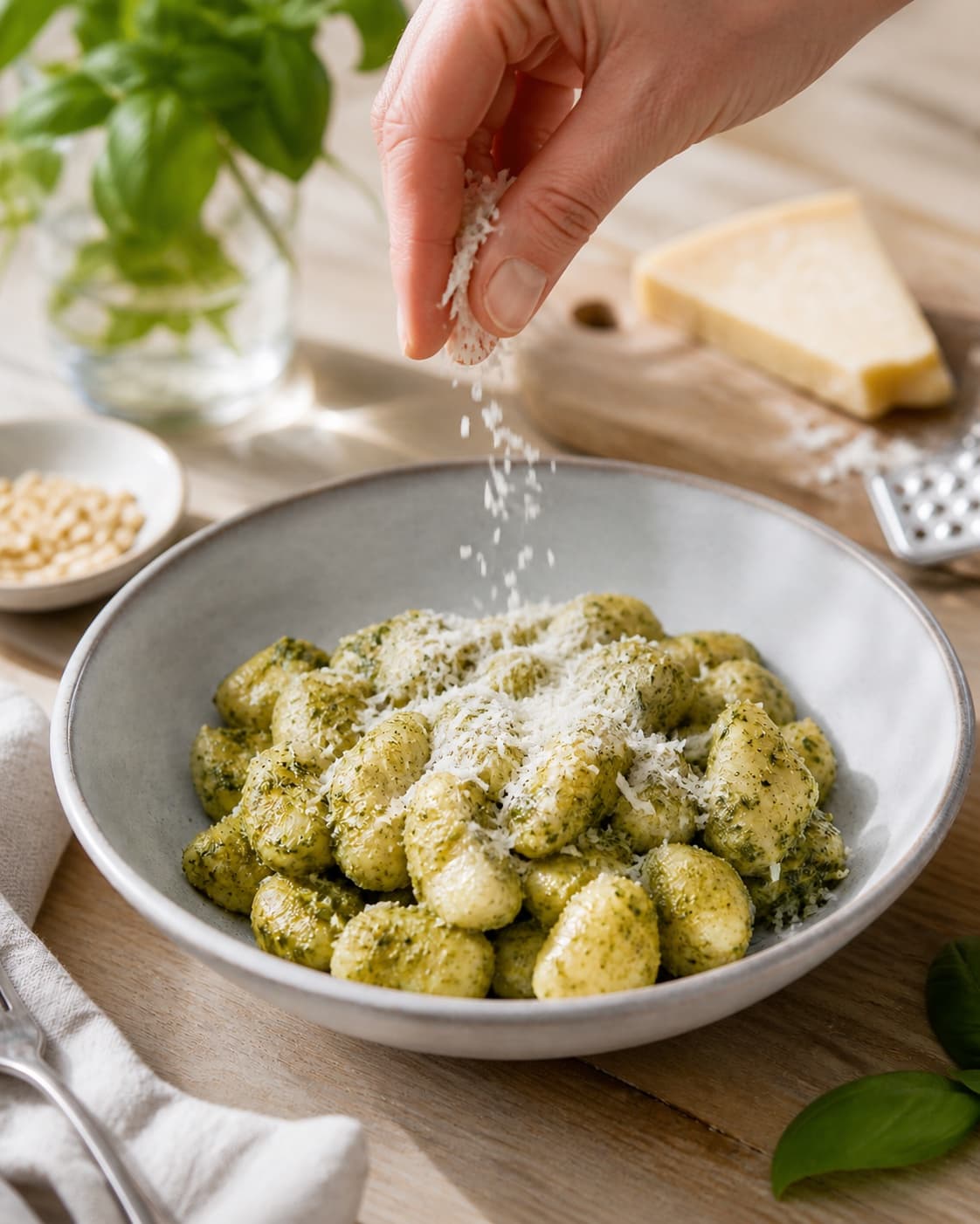 Finished gnocchi med pesto og parmesan plated immediately with restrained garnish under tilberedningen af gnocchi med pesto og parmesan