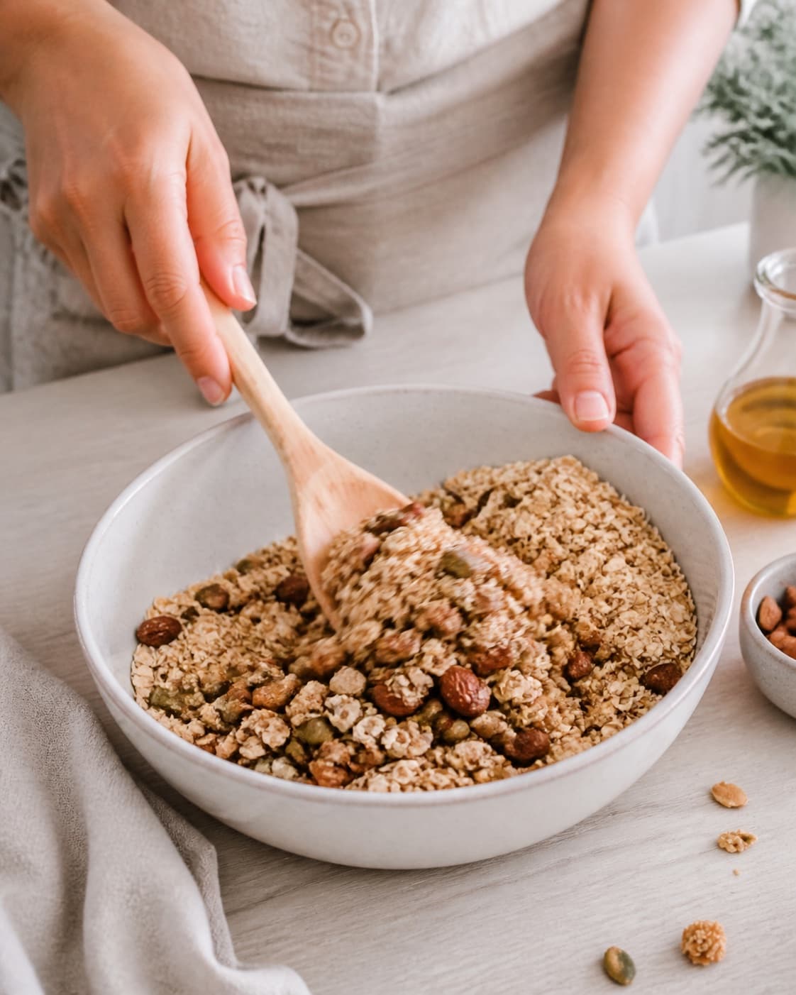 Prepared dry ingredients for sprød granola – god basisopskrift! with grove havregryn, blandede nødder og kerner, smør, rapsolie under tilberedningen af sprød granola – god basisopskrift!