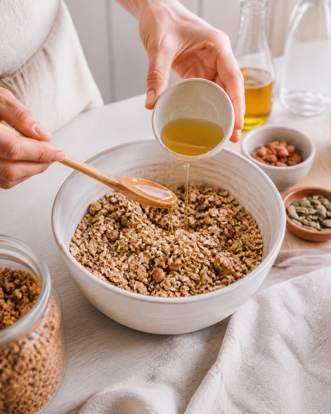 sprød granola – god basisopskrift! being evenly seasoned before roasting under tilberedningen af sprød granola – god basisopskrift!
