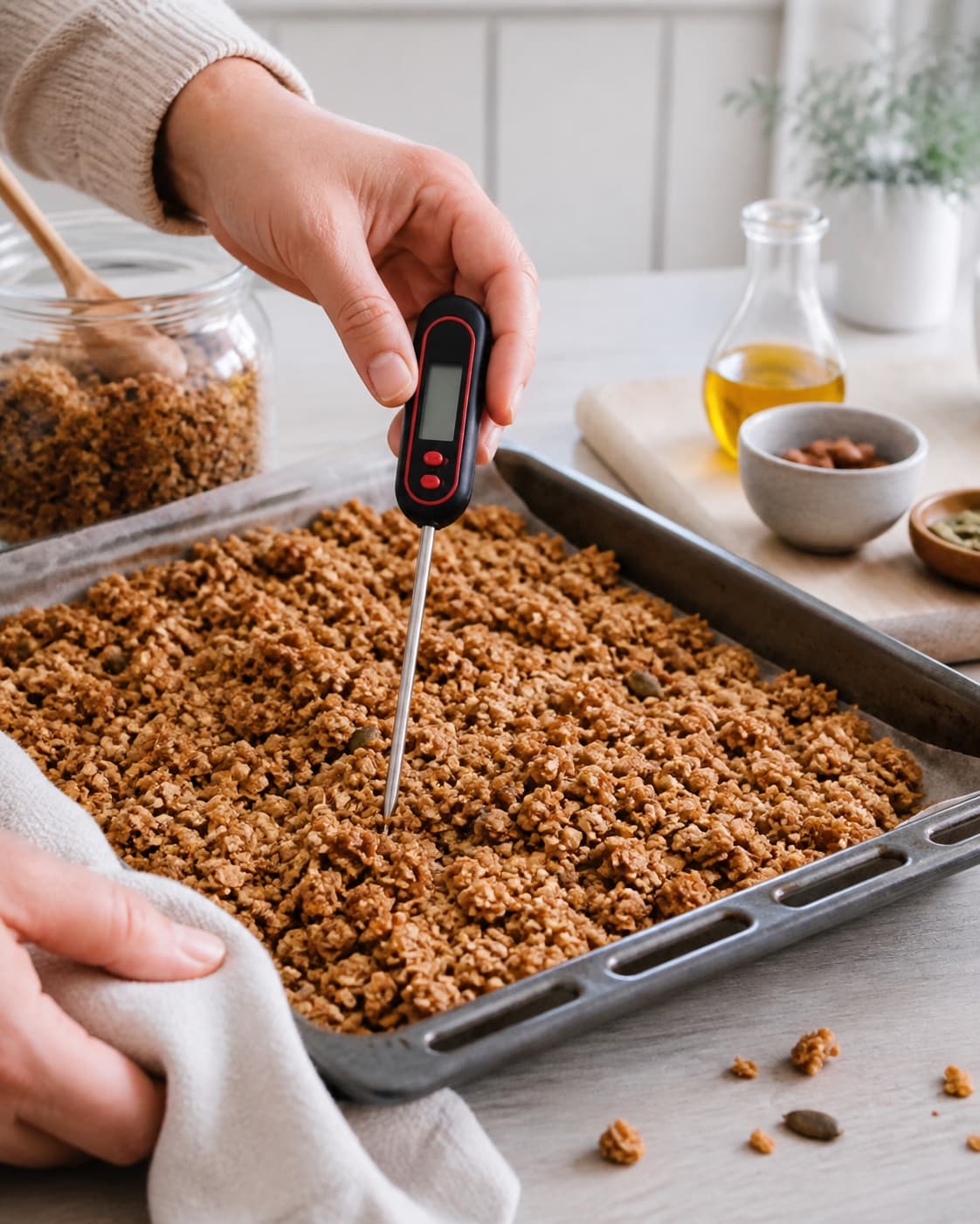sprød granola – god basisopskrift! roasting evenly while its centre temperature is checked under tilberedningen af sprød granola – god basisopskrift!