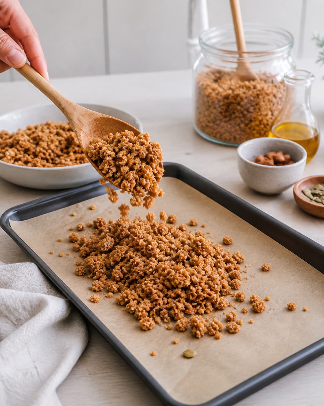 Finished sprød granola – god basisopskrift! resting before the final garnish under tilberedningen af sprød granola – god basisopskrift!