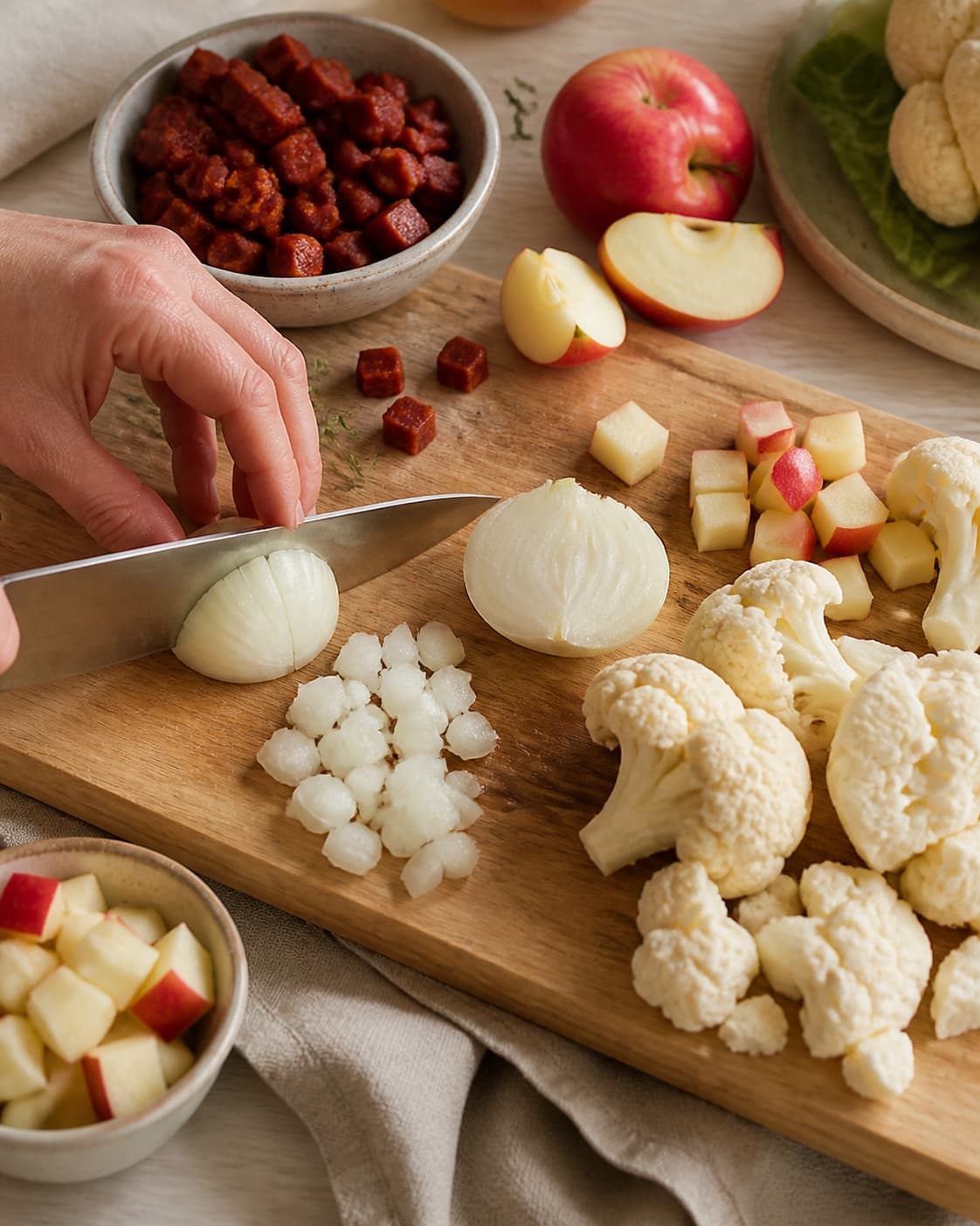 Mise en place for blomkålssuppe med æble- og chorizoknas with chorizo, syrlige æbler, blomkål, zittauerløg under tilberedningen af blomkålssuppe med æble- og chorizoknas