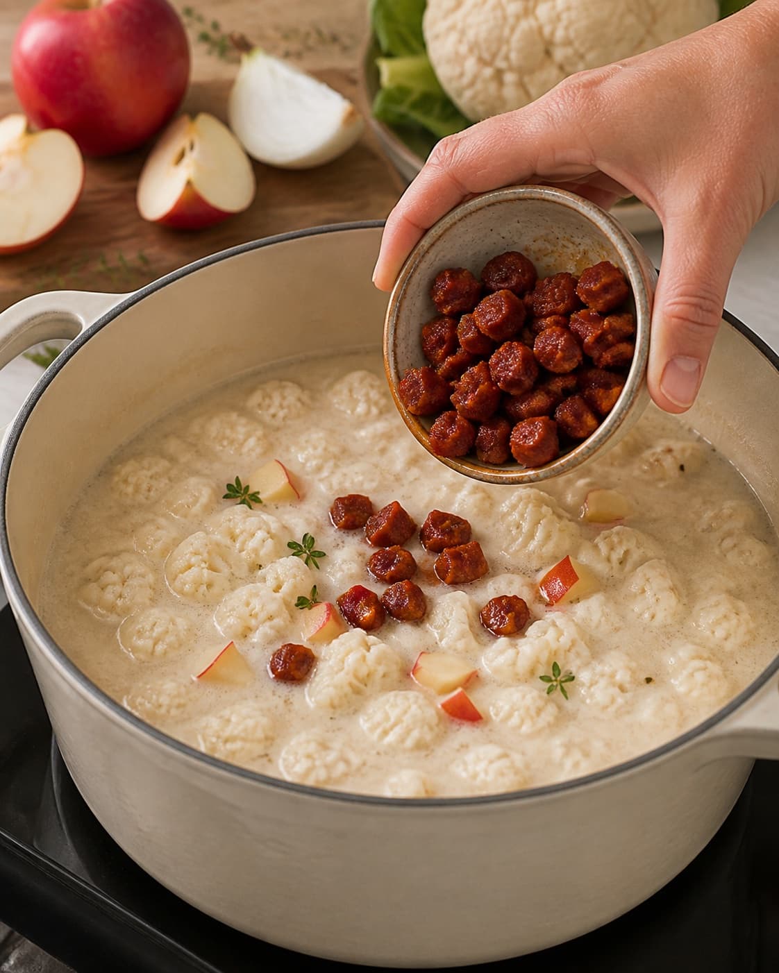 blomkålssuppe med æble- og chorizoknas gently simmering with visible ingredients under tilberedningen af blomkålssuppe med æble- og chorizoknas
