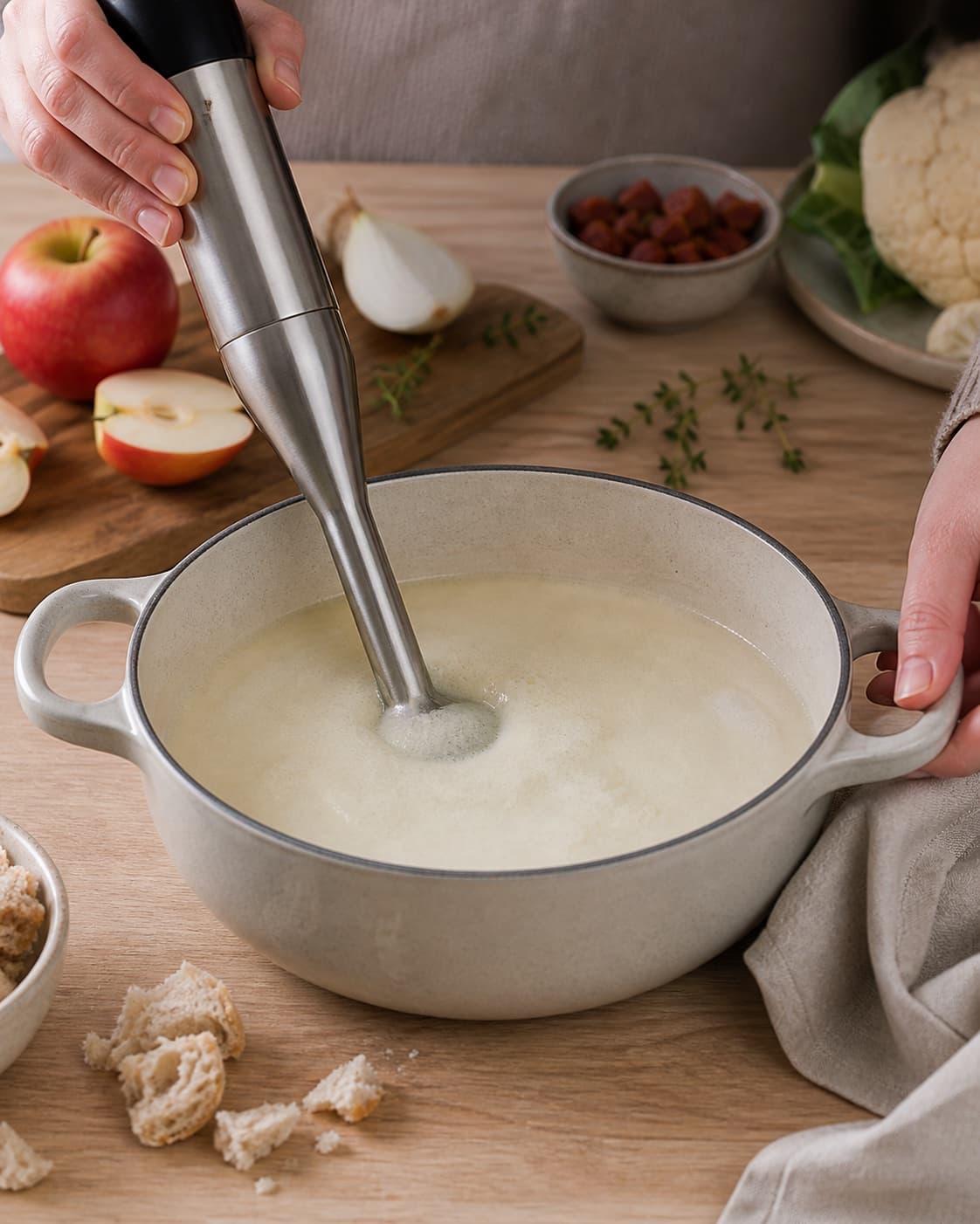 The texture of blomkålssuppe med æble- og chorizoknas being adjusted in the pot under tilberedningen af blomkålssuppe med æble- og chorizoknas