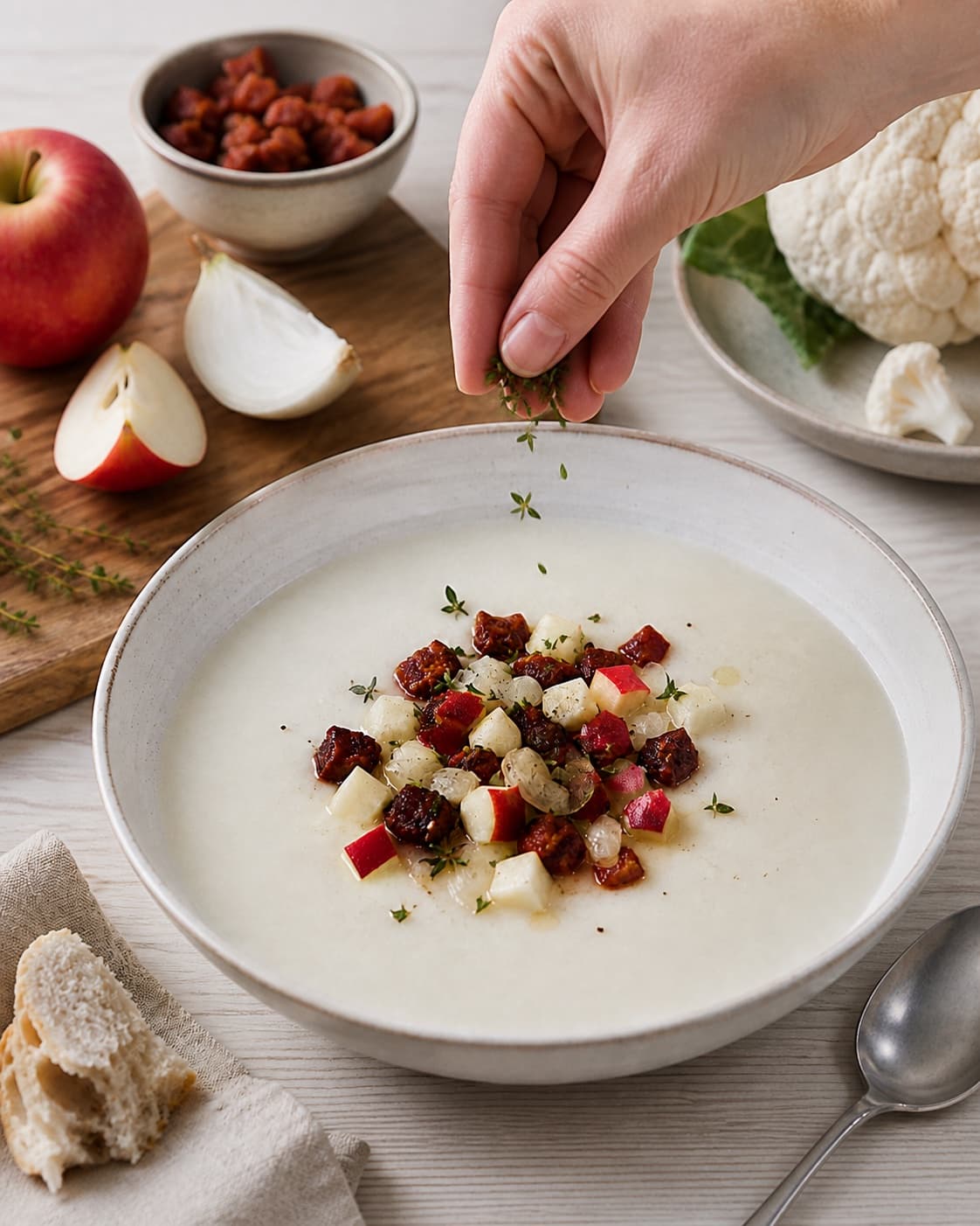 Finished blomkålssuppe med æble- og chorizoknas being served with a fresh restrained garnish under tilberedningen af blomkålssuppe med æble- og chorizoknas