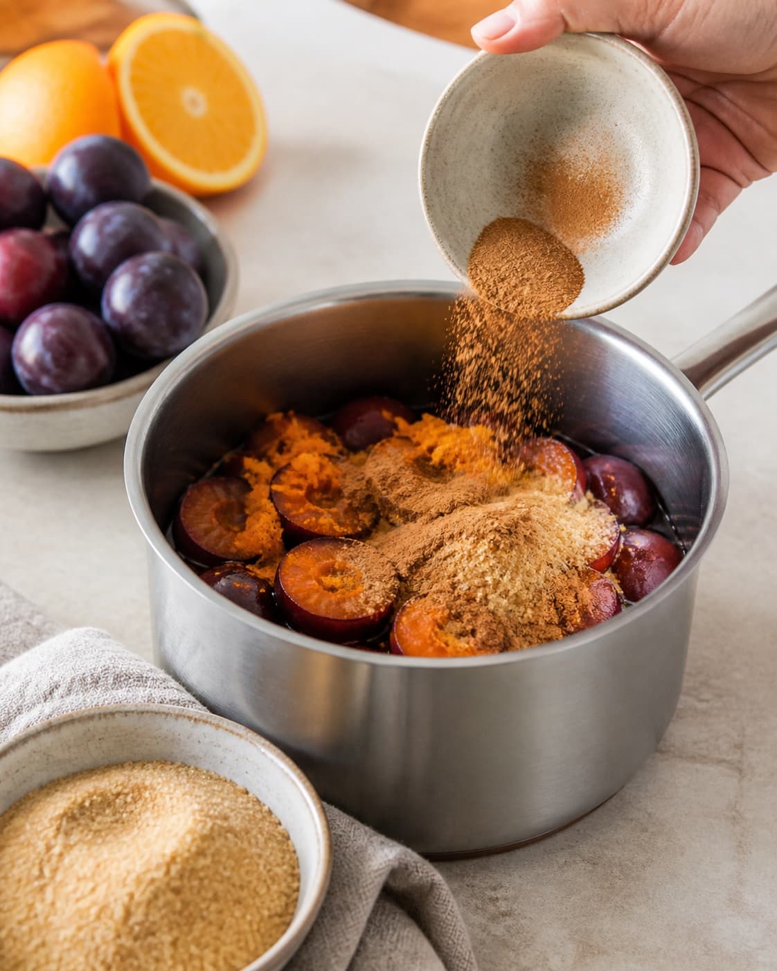 Clean measured ingredients and prepared jars for krydret blommemarmelade med appelsin og kanel with modne blommer, økologisk appelsin, stødt kanel, syltesukker under tilberedningen af krydret blommemarmelade med appelsin og kanel