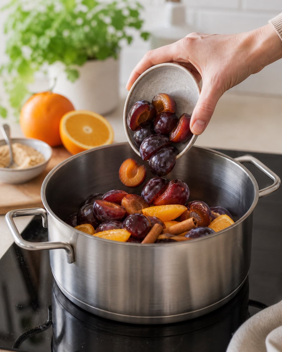 Ingredients for krydret blommemarmelade med appelsin og kanel gently releasing juice in a pot under tilberedningen af krydret blommemarmelade med appelsin og kanel