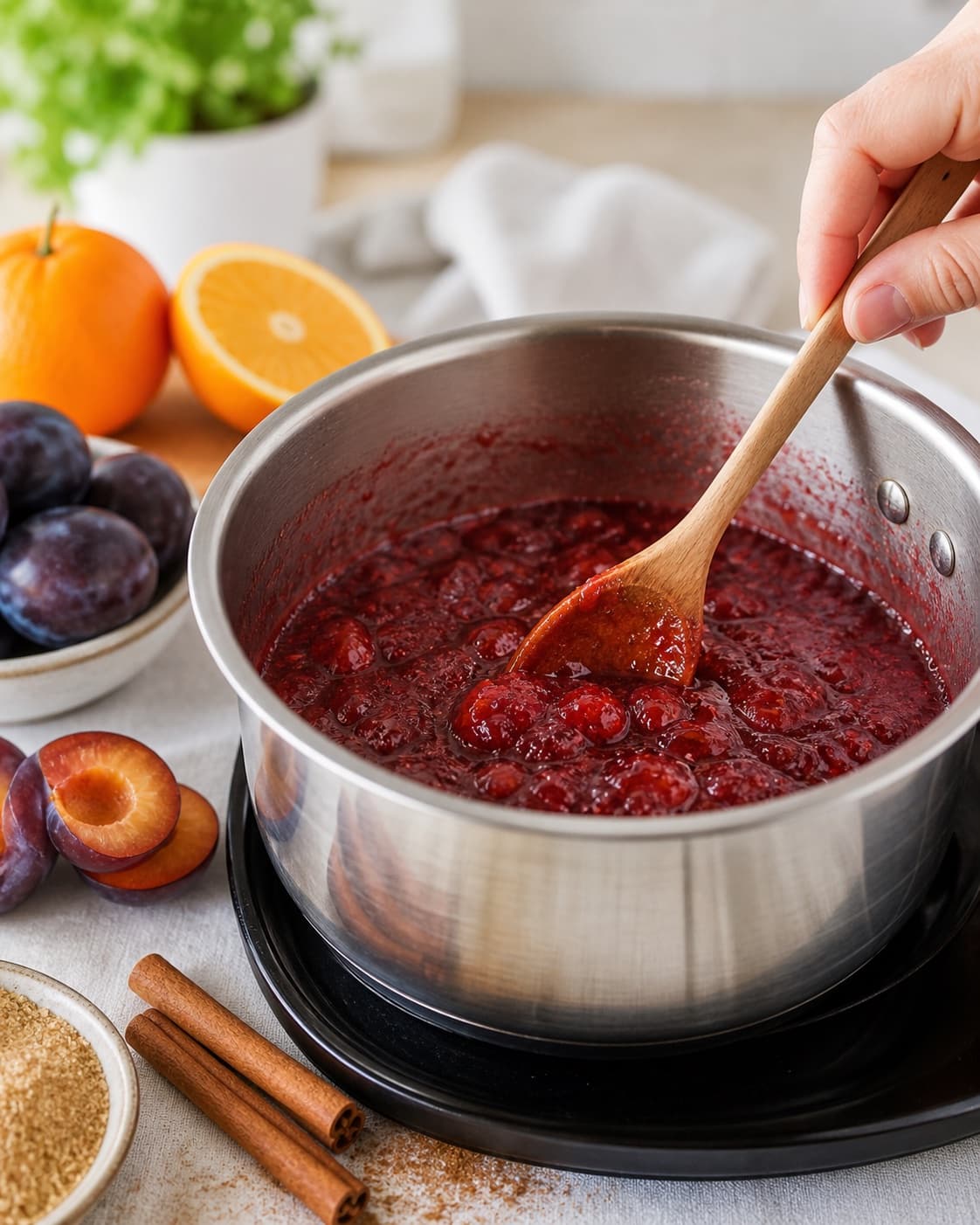 krydret blommemarmelade med appelsin og kanel simmering to a glossy even consistency under tilberedningen af krydret blommemarmelade med appelsin og kanel