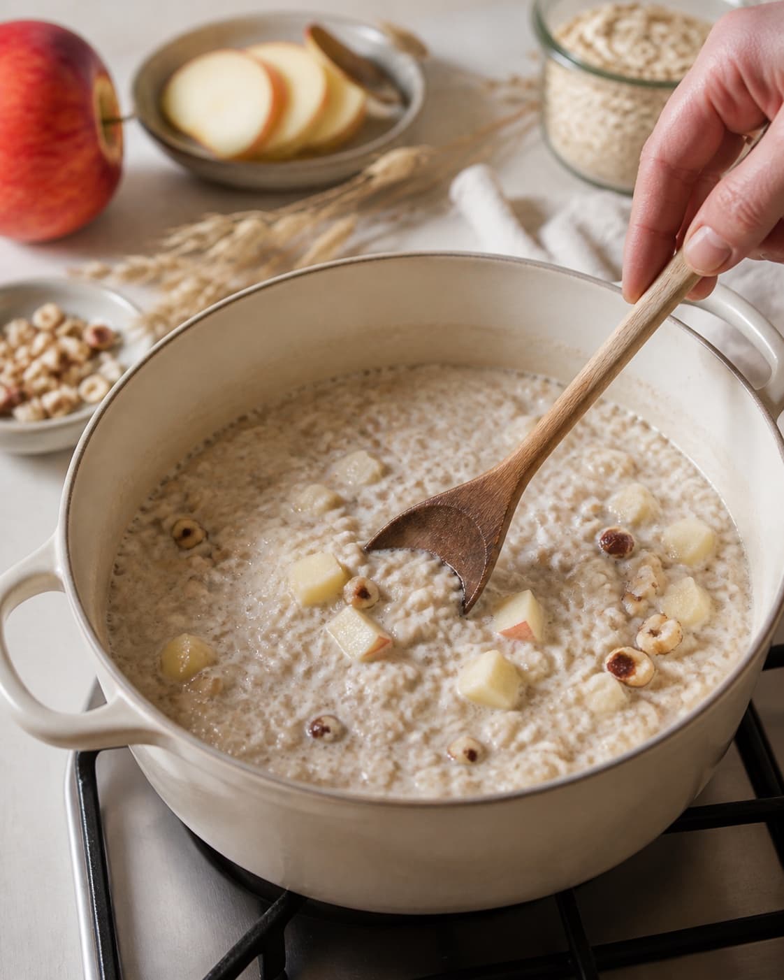 kold grød med æble gently simmering with visible ingredients under tilberedningen af kold grød med æble