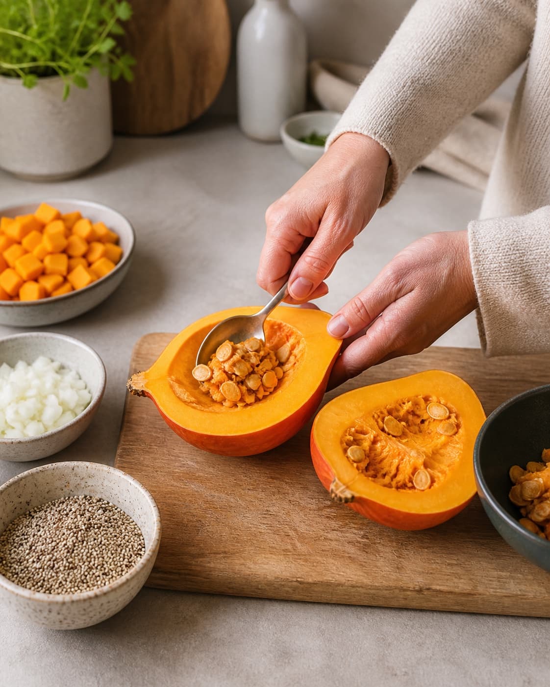 Mise en place for fyldt græskar med quinoa with hokkaidogræskar, quinoa, butternut squash, zittauerløg under tilberedningen af fyldt græskar med quinoa