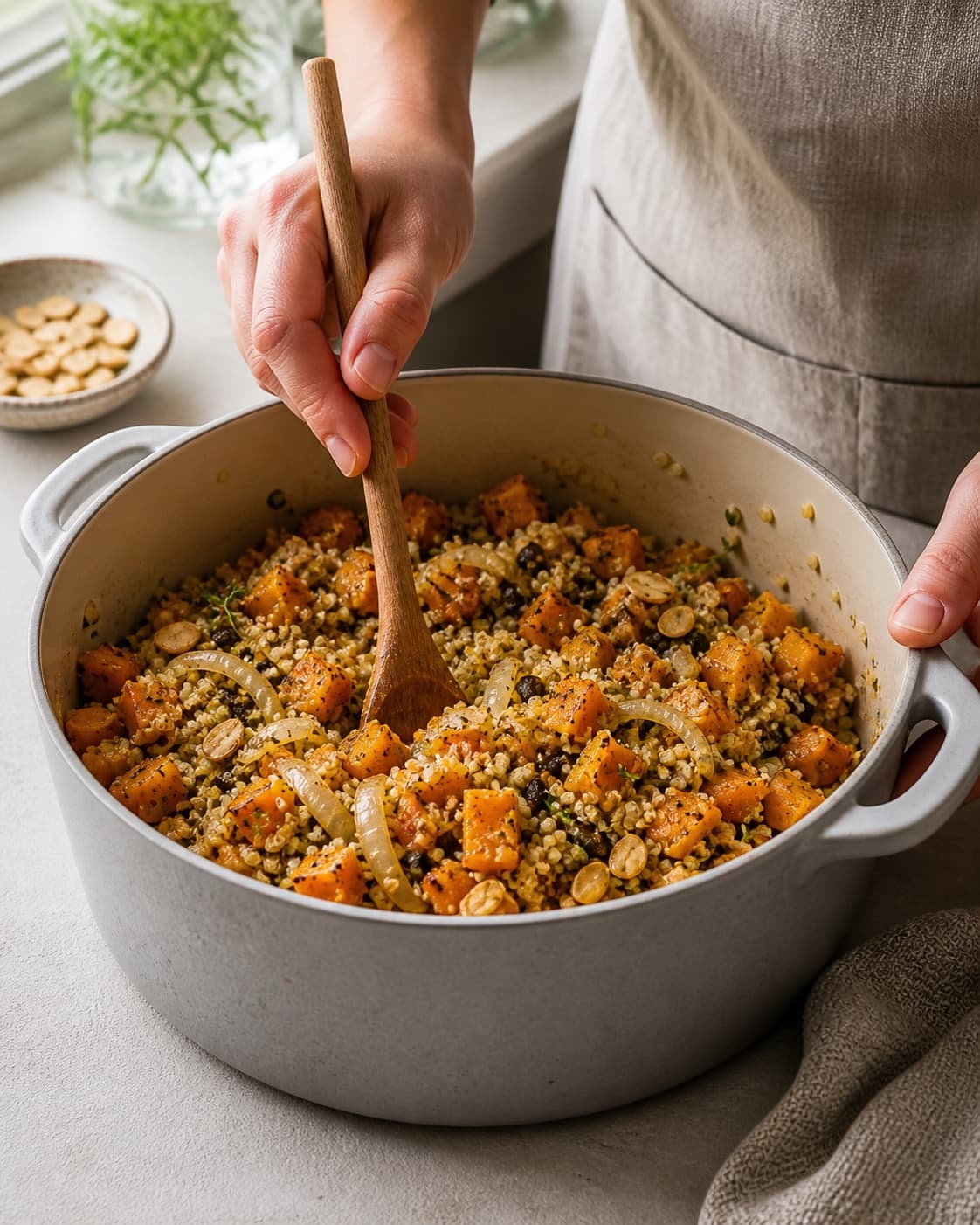 The texture of fyldt græskar med quinoa being adjusted in the pot under tilberedningen af fyldt græskar med quinoa