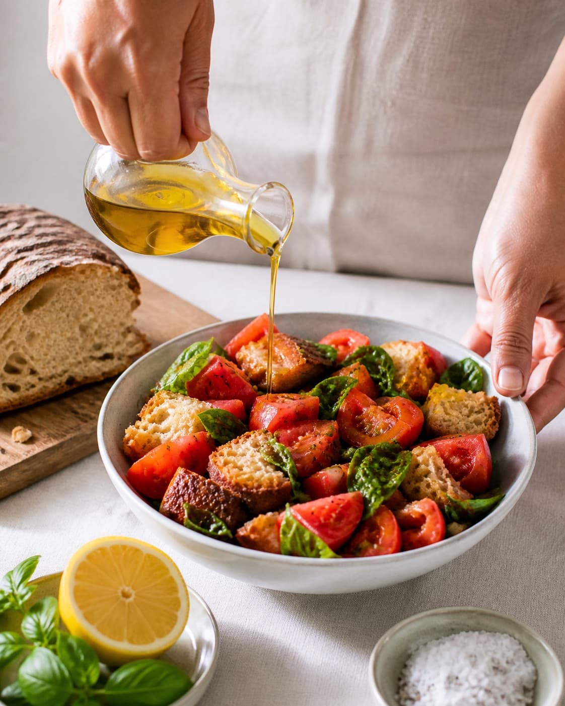 Clean prepared ingredients for panzanella – italiensk brødsalat with daggammelt surdejsbrød, modne tomater, økologisk citron, ekstra jomfruolivenolie under tilberedningen af panzanella – italiensk brødsalat