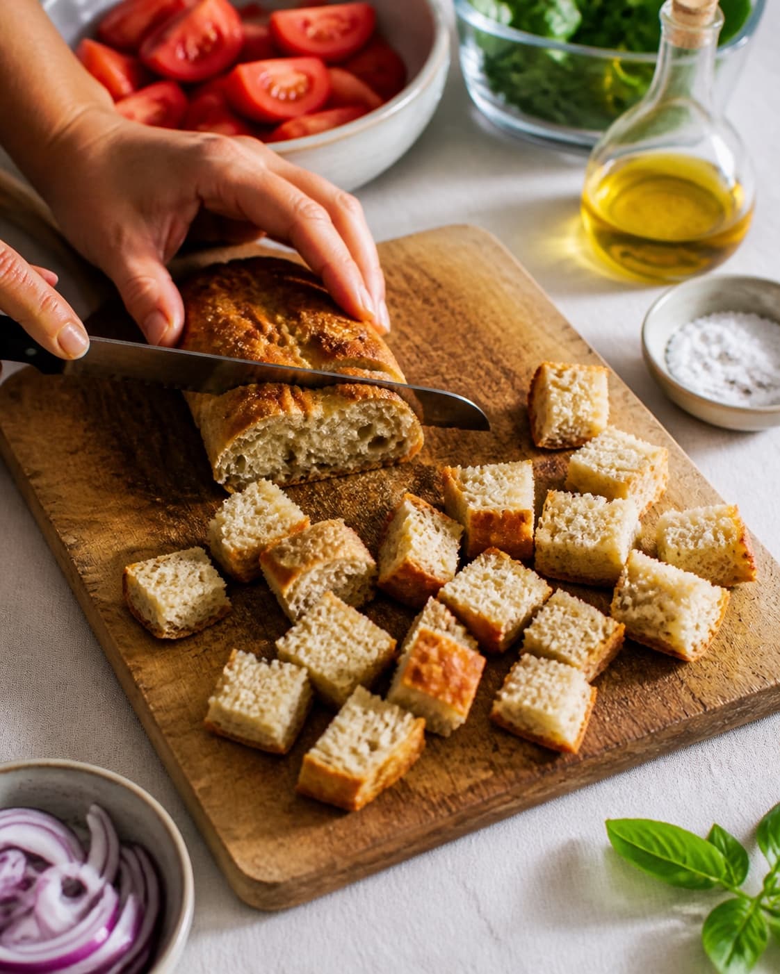 Ingredients for panzanella – italiensk brødsalat being cut into even pieces under tilberedningen af panzanella – italiensk brødsalat