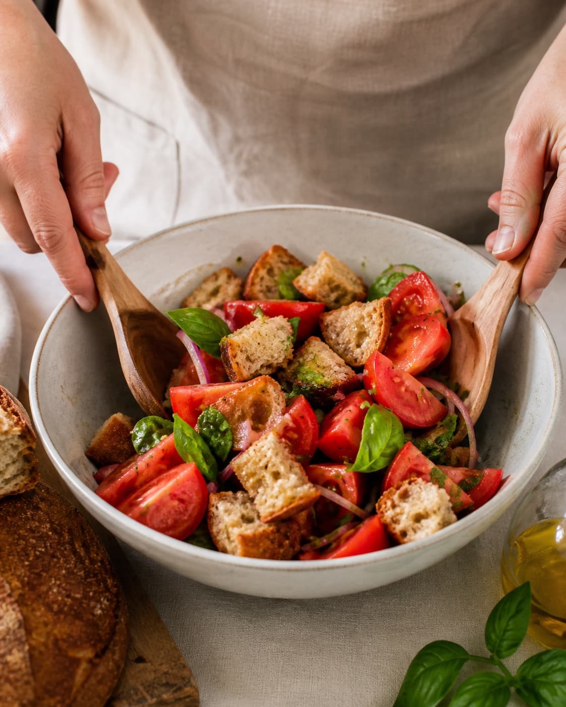 panzanella – italiensk brødsalat being gently combined without crushing the ingredients under tilberedningen af panzanella – italiensk brødsalat