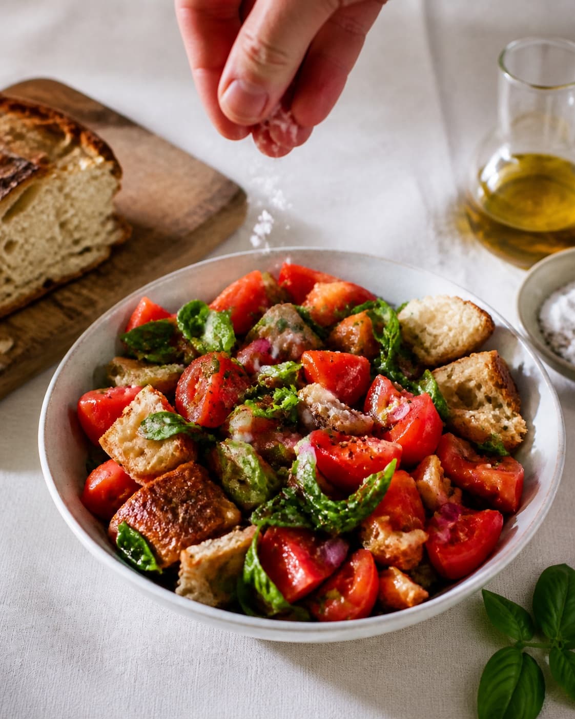 Fresh finished panzanella – italiensk brødsalat receiving its final garnish under tilberedningen af panzanella – italiensk brødsalat