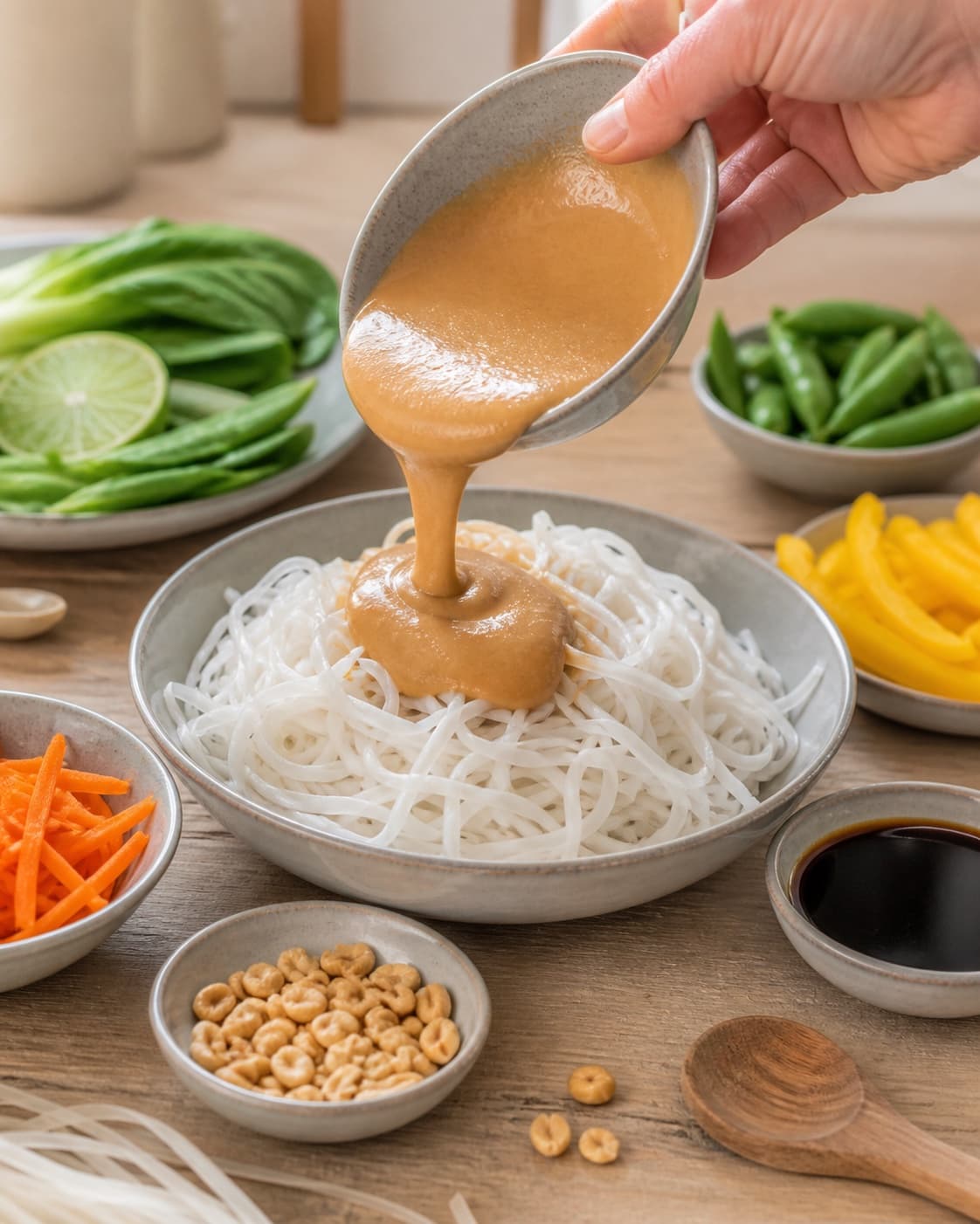 Mise en place for wok med nudler, friske grøntsager og peanutdressing with risnudler, sprøde grøntsager, sojasauce, peanutbutter under tilberedningen af wok med nudler, friske grøntsager og peanutdressing