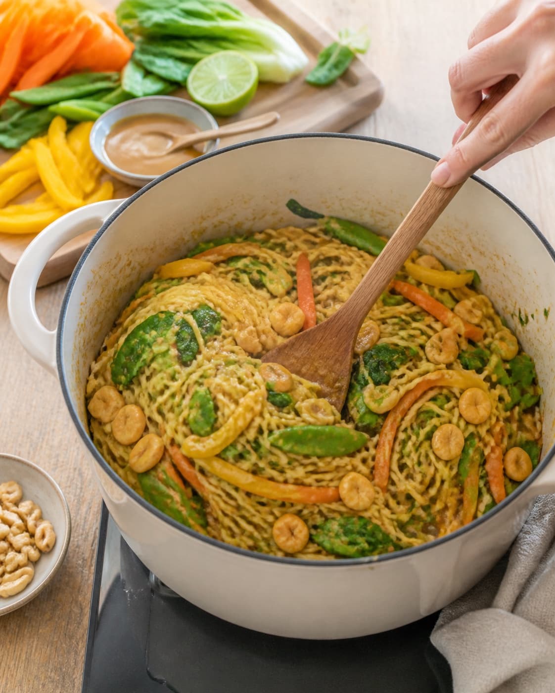Aromatic base for wok med nudler, friske grøntsager og peanutdressing gently cooking in a pot under tilberedningen af wok med nudler, friske grøntsager og peanutdressing