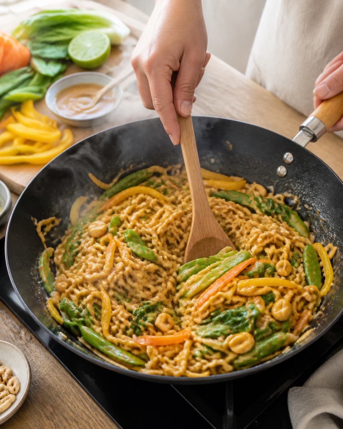 wok med nudler, friske grøntsager og peanutdressing gently simmering with visible ingredients under tilberedningen af wok med nudler, friske grøntsager og peanutdressing