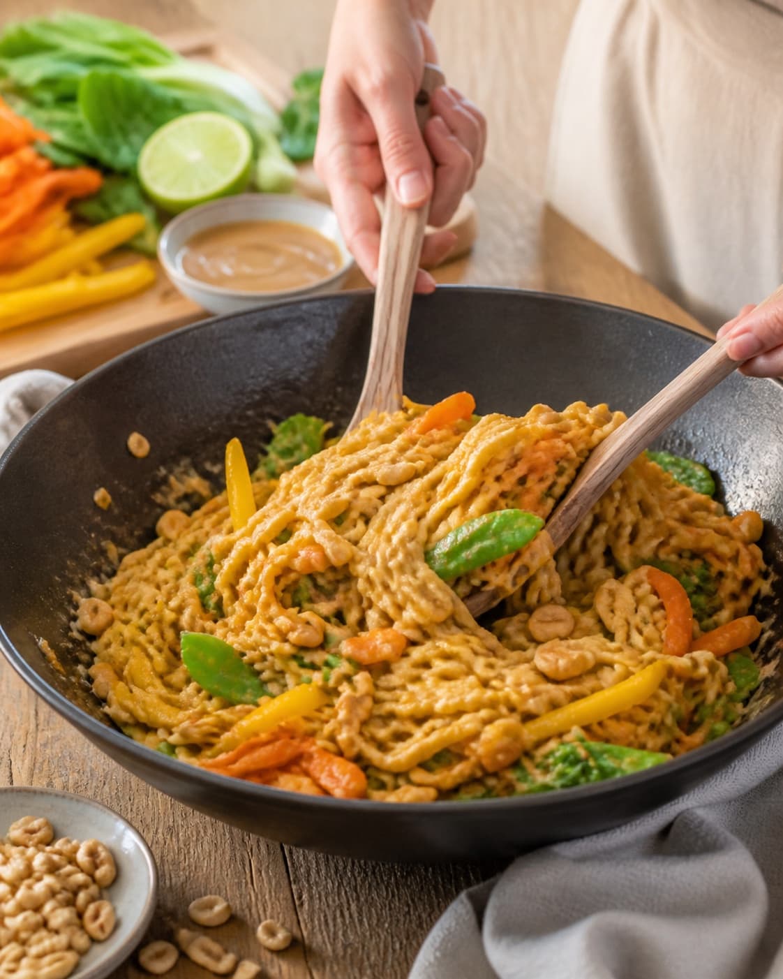 The texture of wok med nudler, friske grøntsager og peanutdressing being adjusted in the pot under tilberedningen af wok med nudler, friske grøntsager og peanutdressing