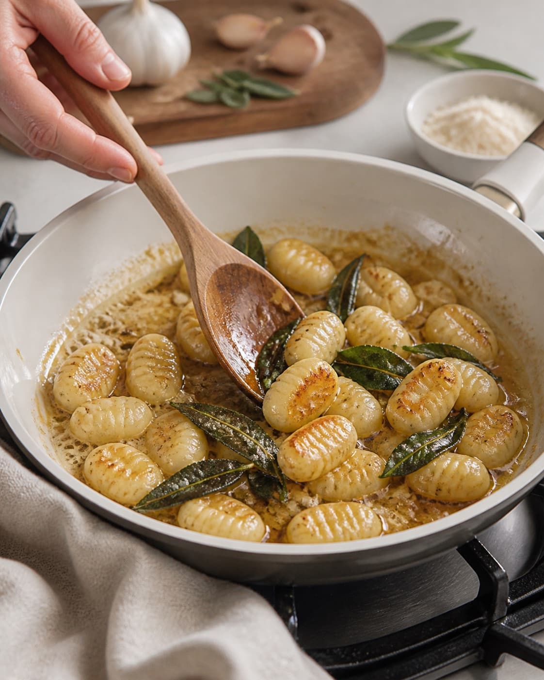 Sauce base for gnocchi med salvie og brunet smør cooking gently with kartoffelgnocchi, frisk salvie, tørret pasta, hvidløg under tilberedningen af gnocchi med salvie og brunet smør