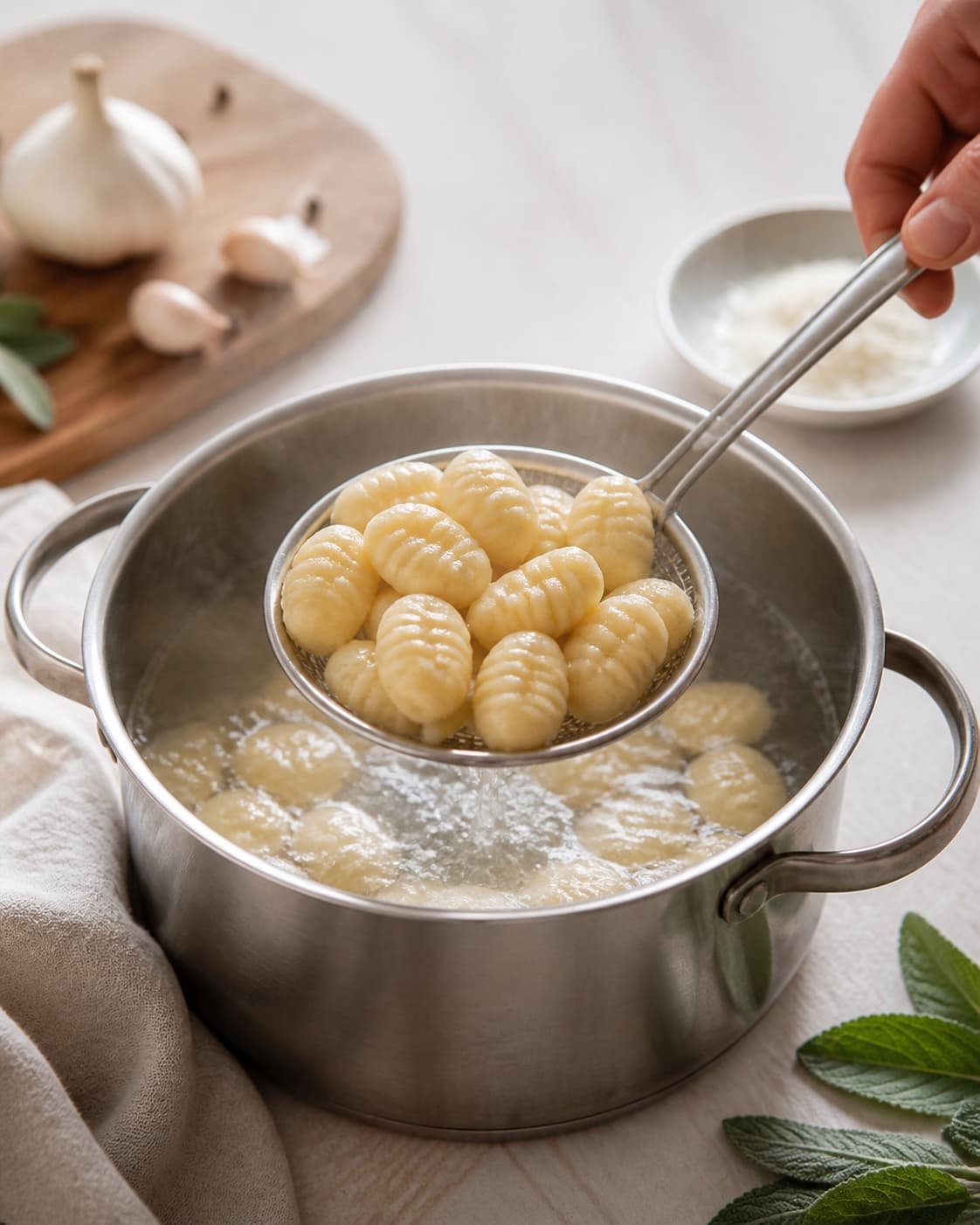 Pasta for gnocchi med salvie og brunet smør being lifted from boiling water under tilberedningen af gnocchi med salvie og brunet smør