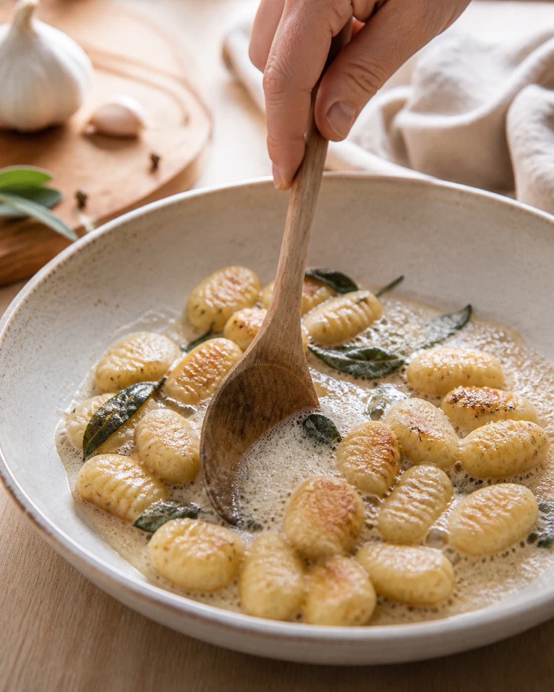gnocchi med salvie og brunet smør being emulsified in a broad pan under tilberedningen af gnocchi med salvie og brunet smør