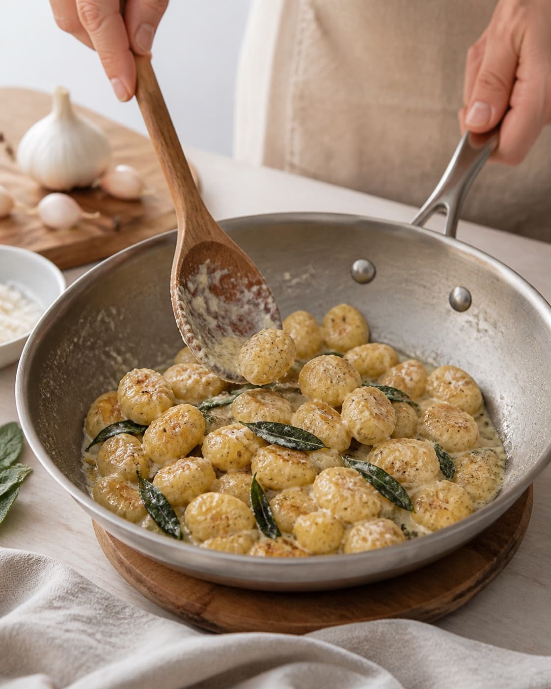 Creamy texture of gnocchi med salvie og brunet smør being adjusted off the heat under tilberedningen af gnocchi med salvie og brunet smør