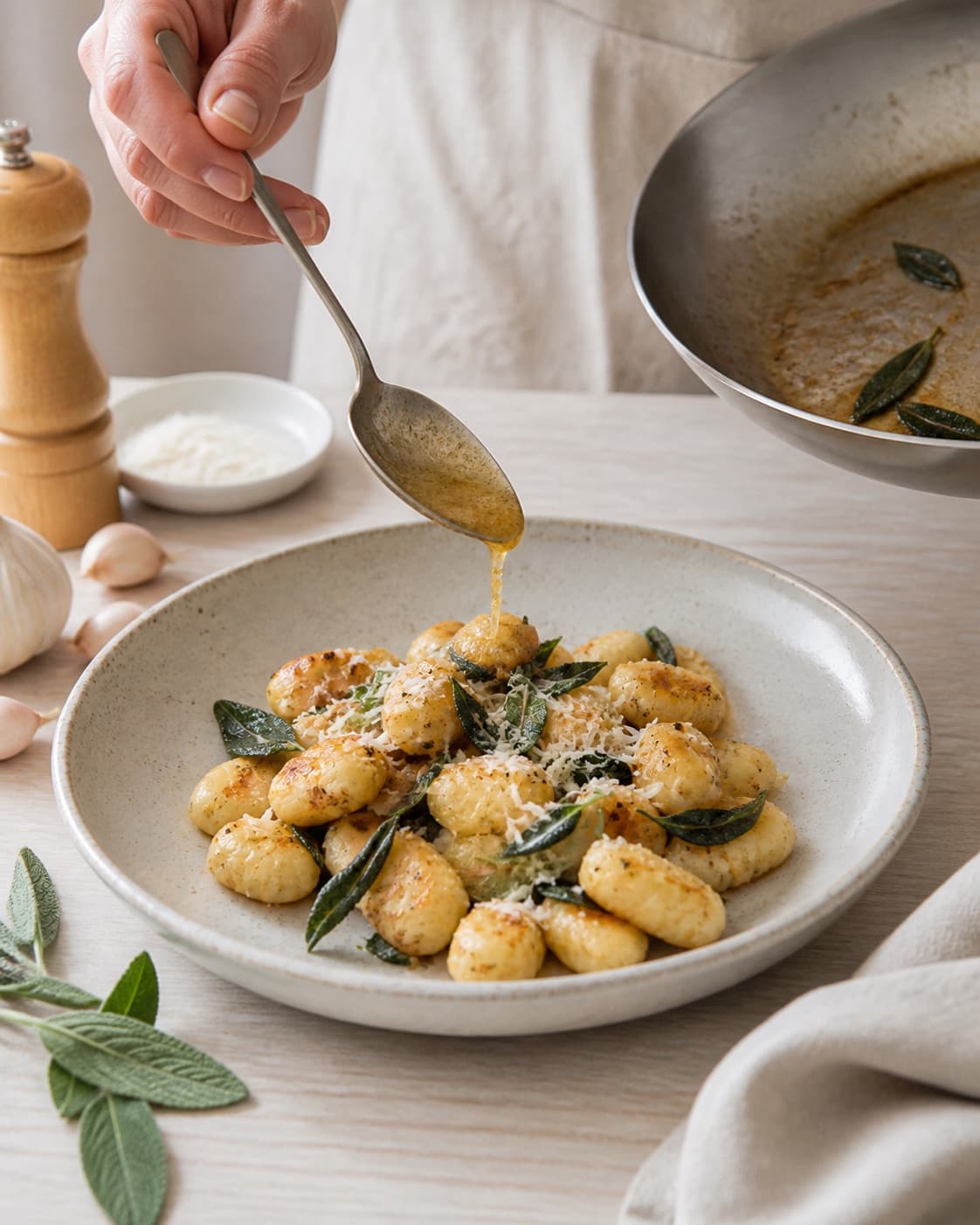 Finished gnocchi med salvie og brunet smør plated immediately with restrained garnish under tilberedningen af gnocchi med salvie og brunet smør