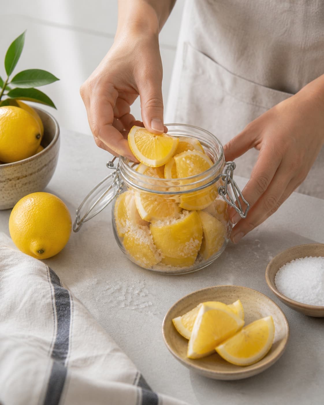 Clean measured ingredients and prepared jars for saltede citroner with økologiske citroner, groft havsalt, økologisk citron, rørsukker under tilberedningen af saltede citroner