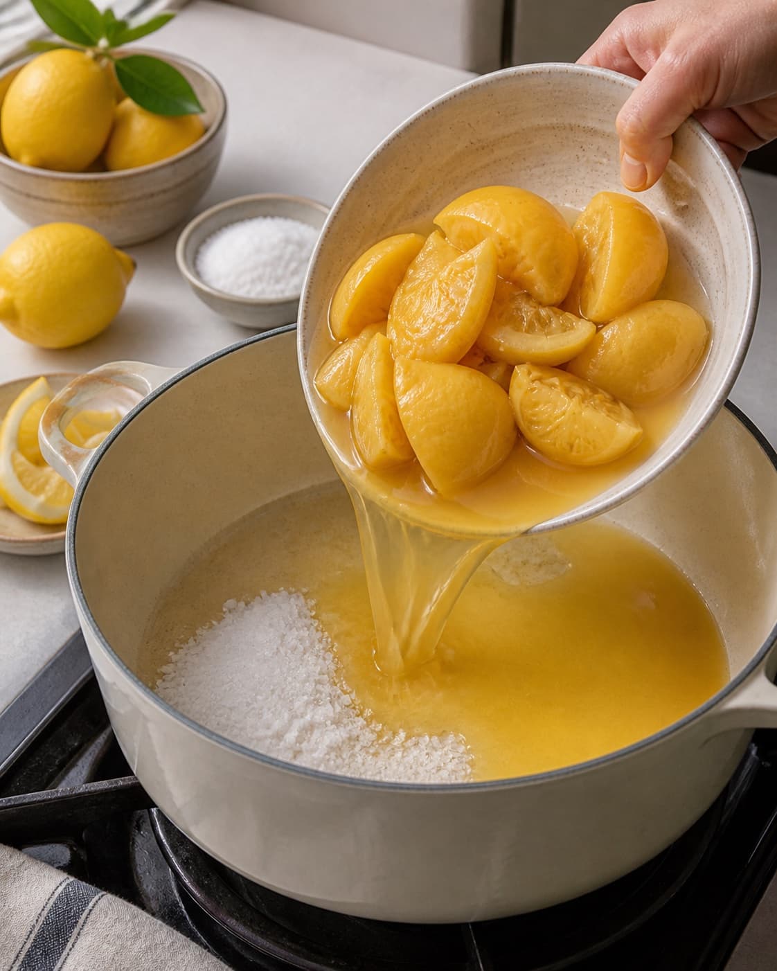 Ingredients for saltede citroner gently releasing juice in a pot under tilberedningen af saltede citroner
