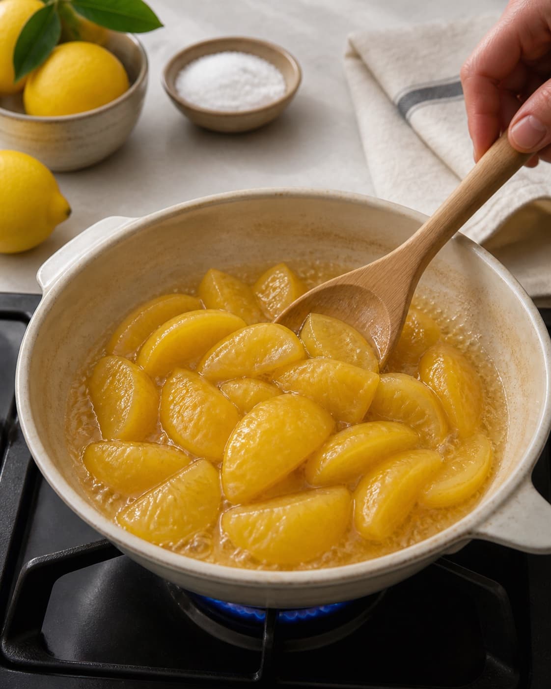 saltede citroner simmering to a glossy even consistency under tilberedningen af saltede citroner