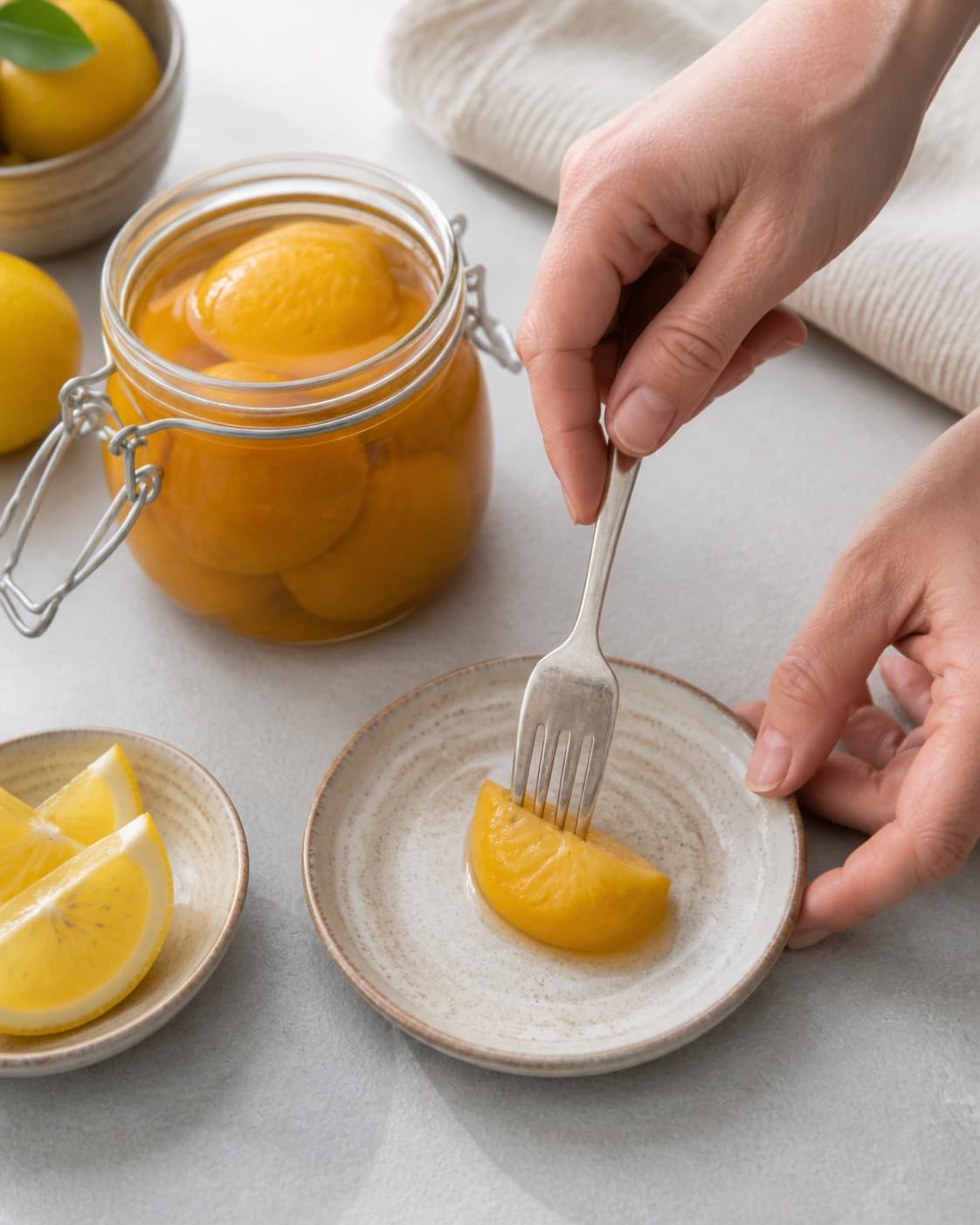 A chilled consistency test for saltede citroner on a small plate under tilberedningen af saltede citroner