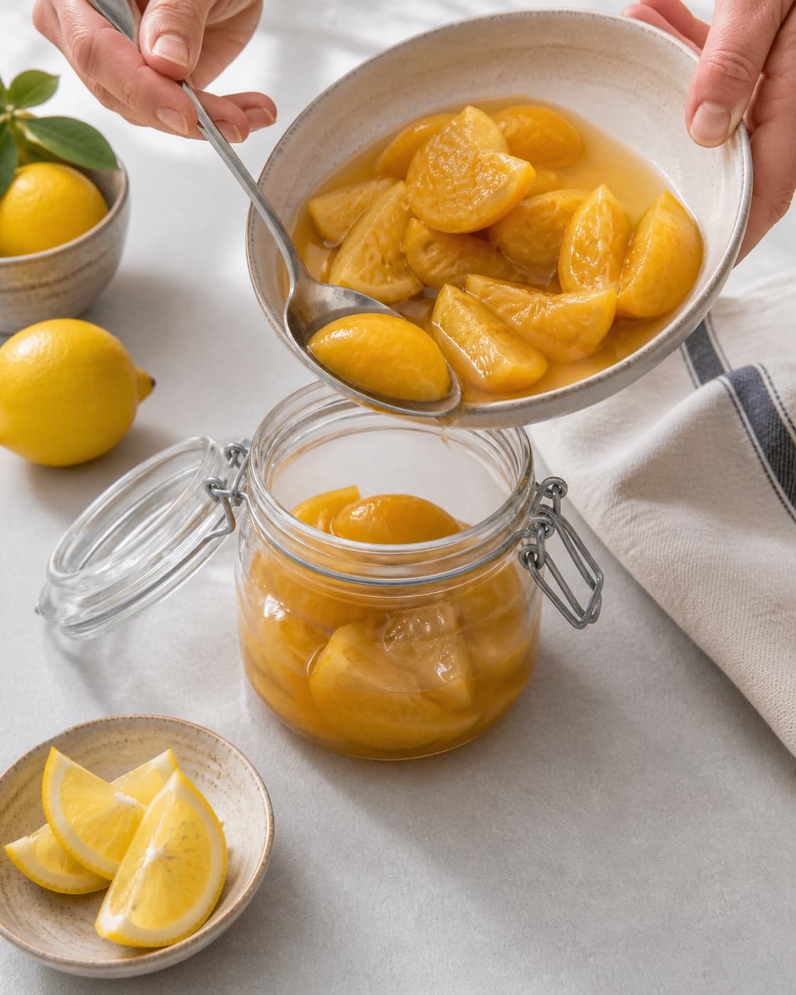 Hot finished saltede citroner being carefully transferred into a clean jar under tilberedningen af saltede citroner