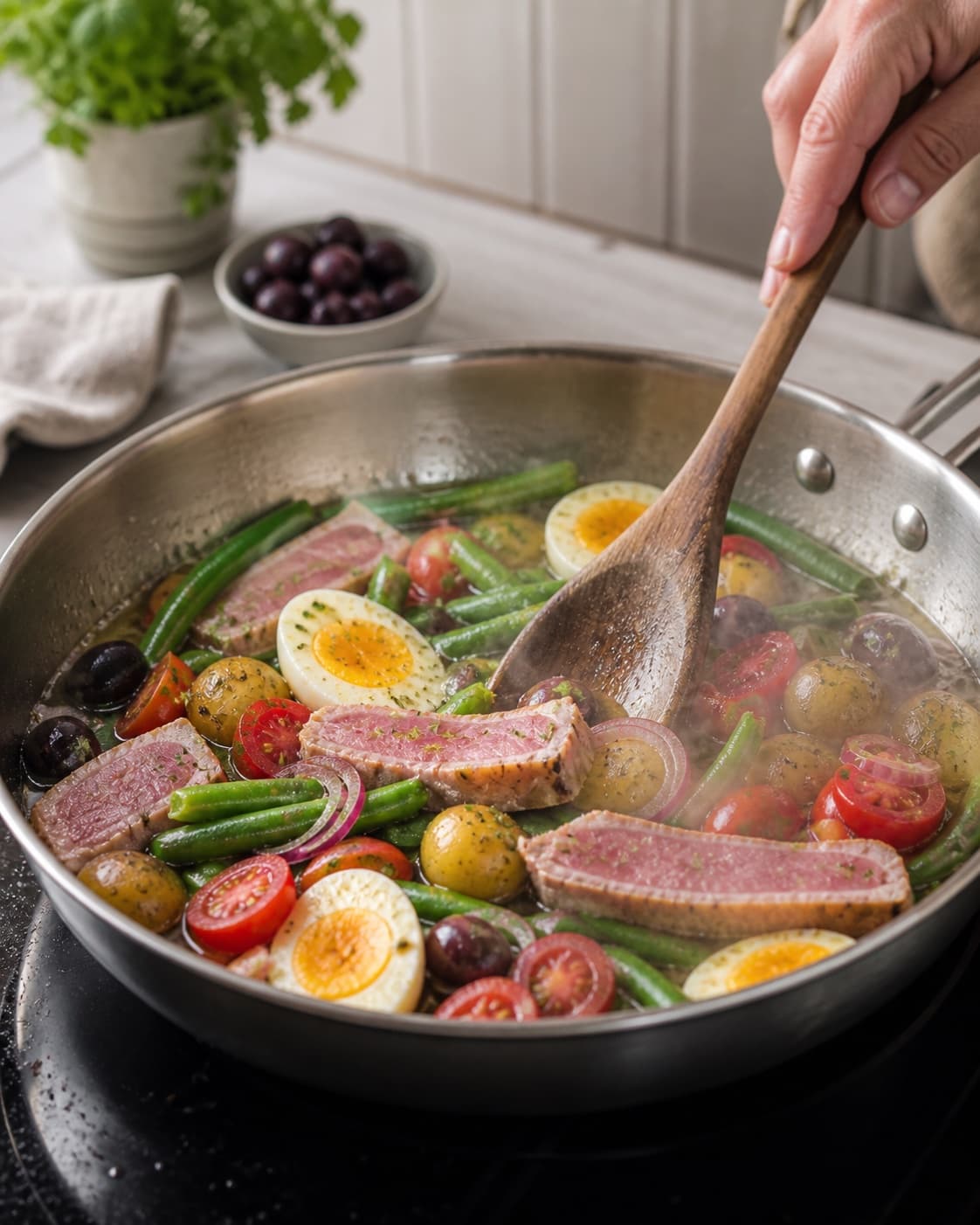 salade nicoise gently simmering with visible ingredients under tilberedningen af salade nicoise