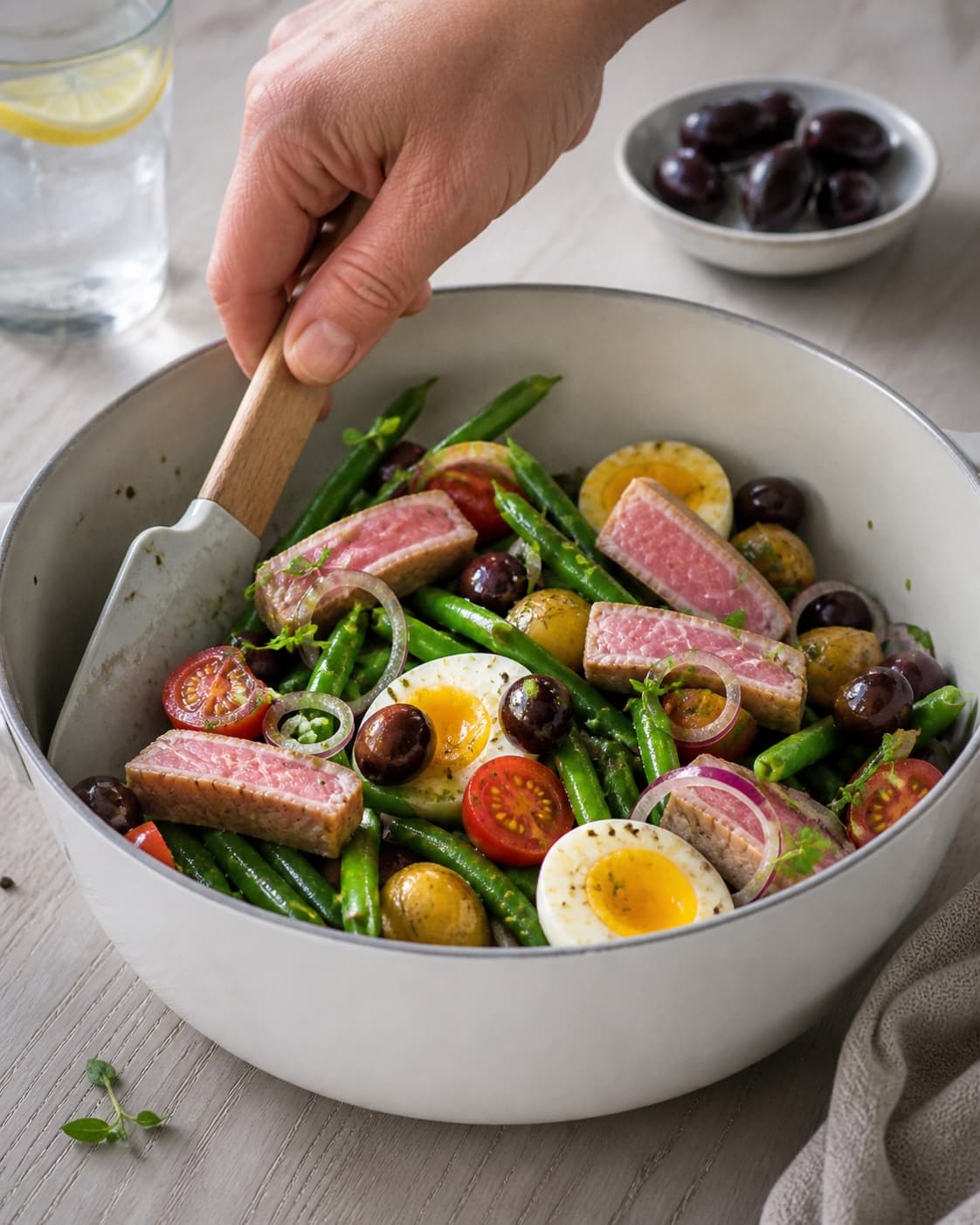 The texture of salade nicoise being adjusted in the pot under tilberedningen af salade nicoise
