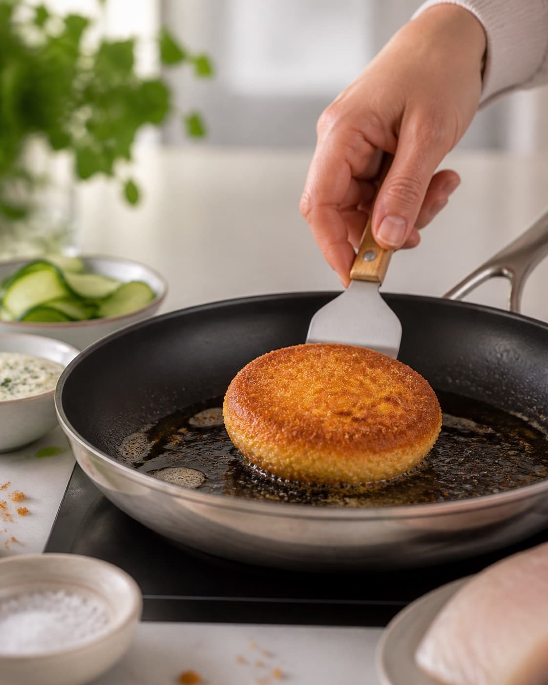 crispy fiskeburger med tartarsauce frying to an even golden crust in a pan under tilberedningen af crispy fiskeburger med tartarsauce